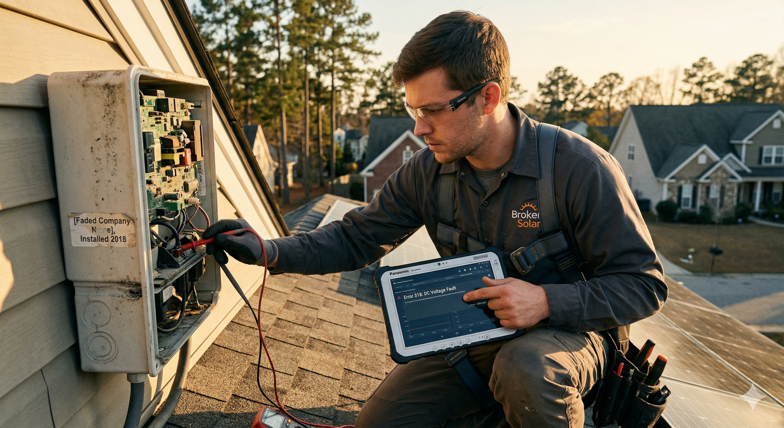 Broker Solar technician performing forensic inverter diagnostics and repair on a neglected, orphaned SolarEdge system in Lexington, South Carolina.
