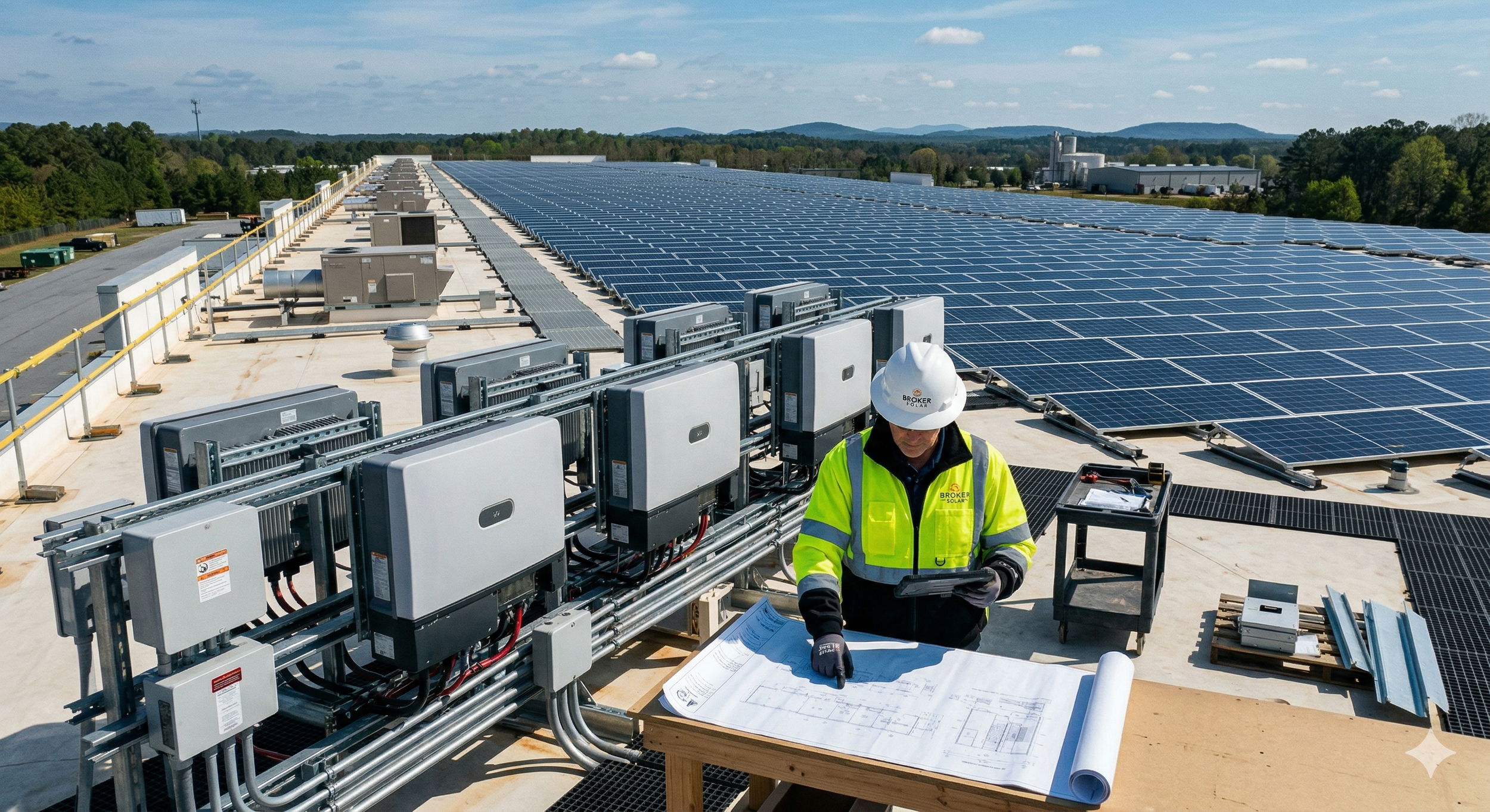 Broker Solar lead engineer performing a technical site inspection on a large-scale commercial solar array in Greenville, SC to maximize the 30% Federal Investment Tax Credit.
