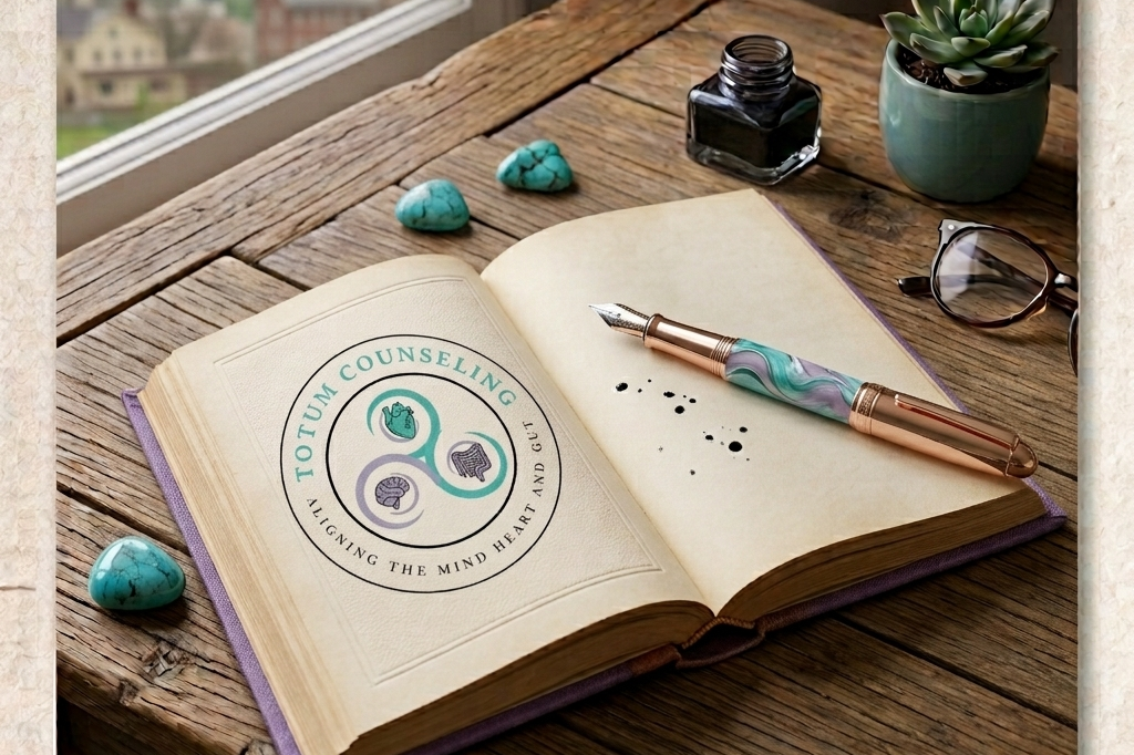 "Totum Counseling" logo, featuring a teal and lavender triskele symbol representing the brain, heart, and gut, enclosed by the words "ALIGNING THE MIND HEART AND GUT." Totum Counseling Trauma and Relationship Therapy for Individuals in PA