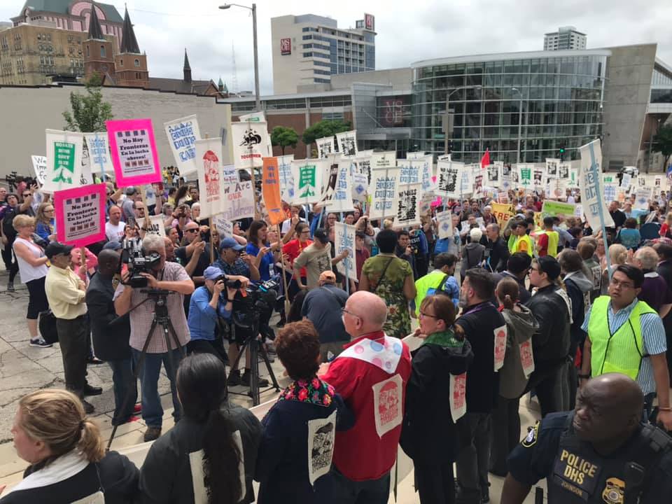  Progressive Lutherans protest Trump’s cruel immigration policies at the Milwaukee ICE office.  