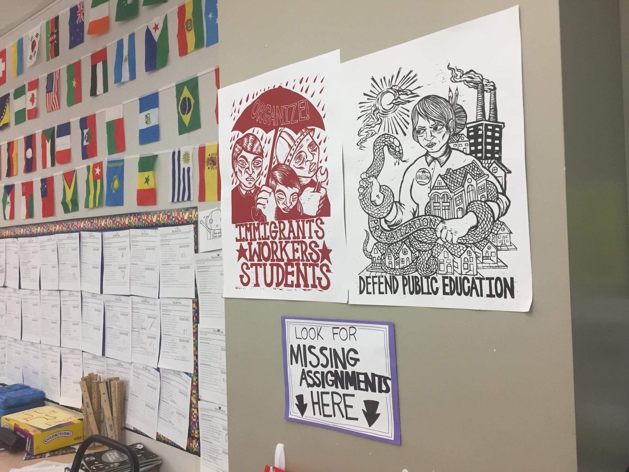  Posters on display in a Los Angeles classroom in the lead up to a strike.  