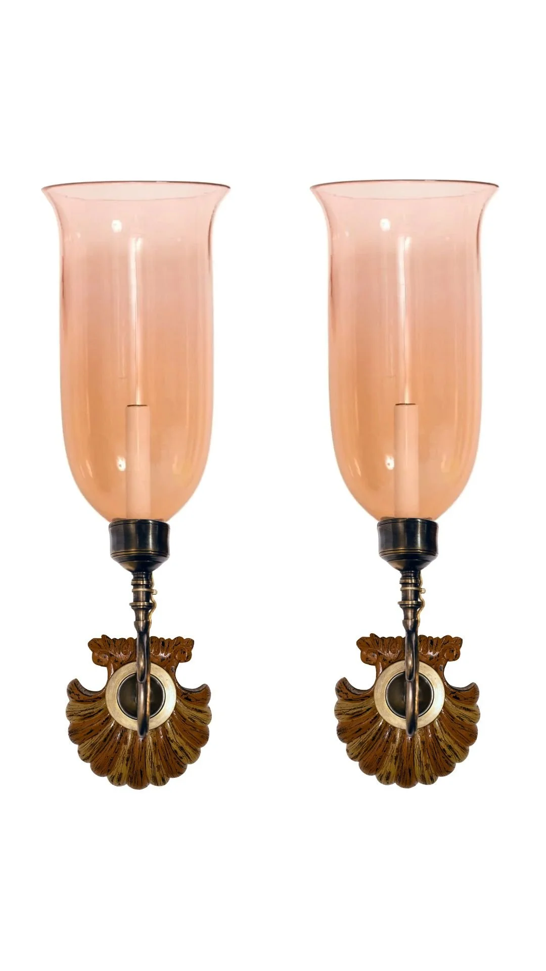 Pair of Fanfare Sconces with Flared Pink Hurricane Shades