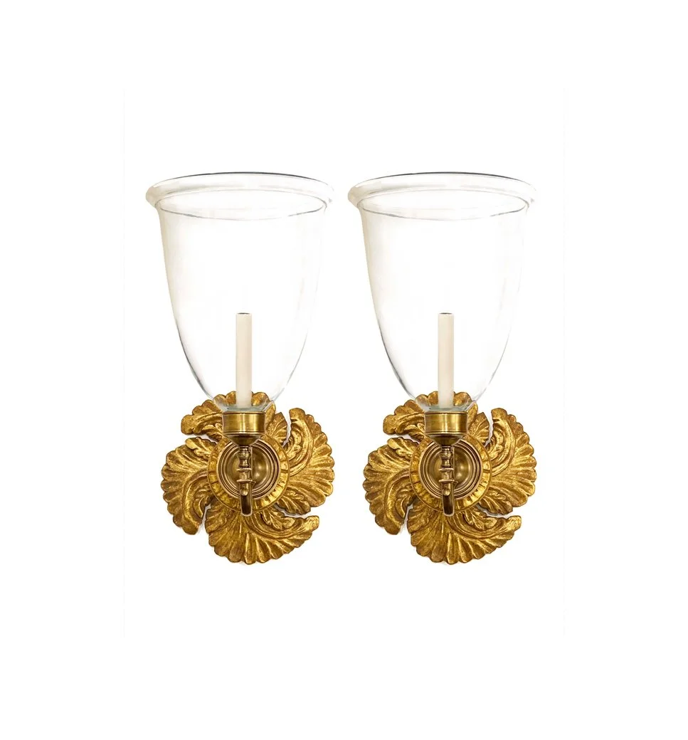 Pair of Large Spiral Gilt Sconces with Clear Shades