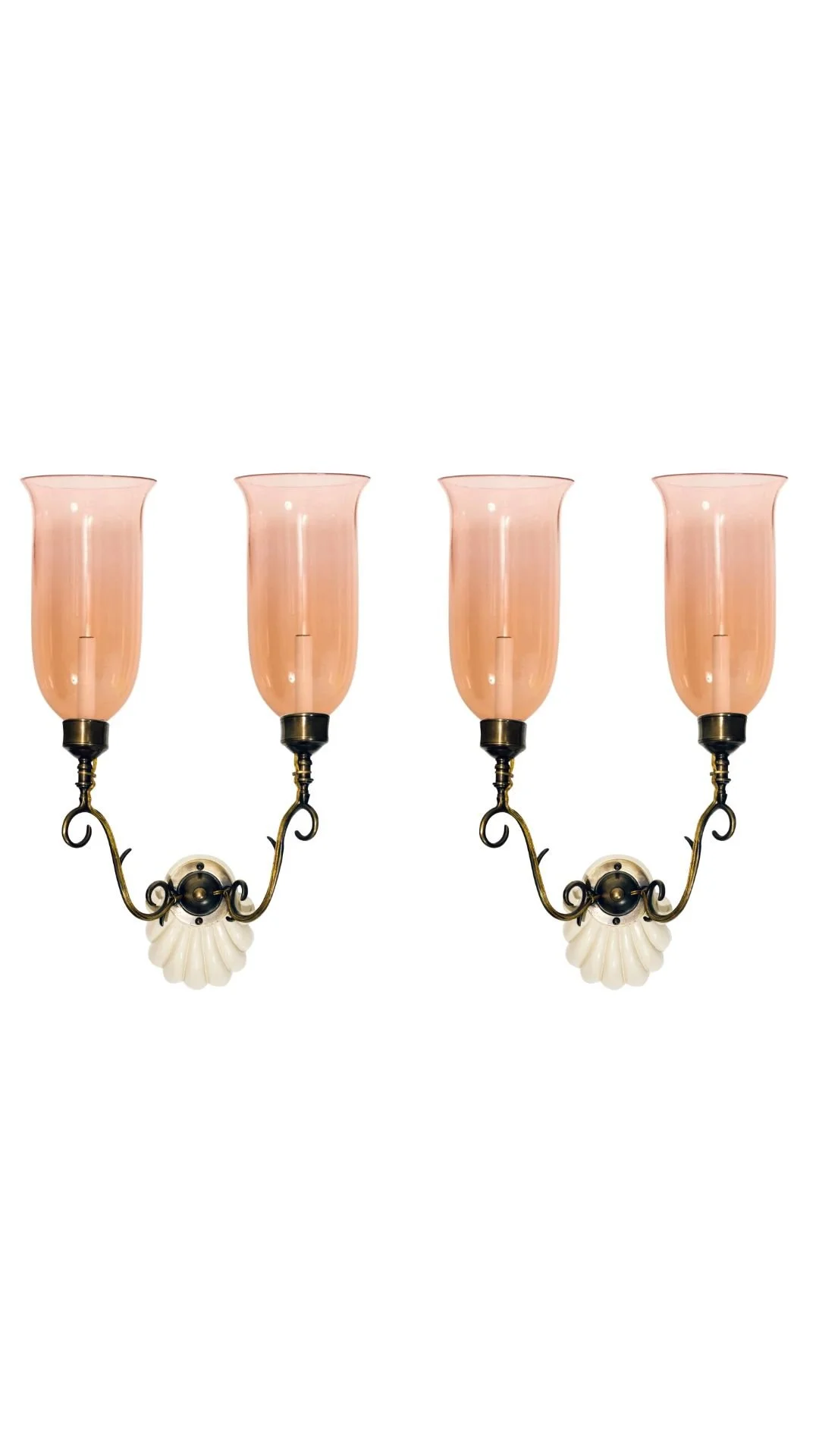 A Pair of Double-Armed Scallop Sconces with Pink Hurricane Shades
