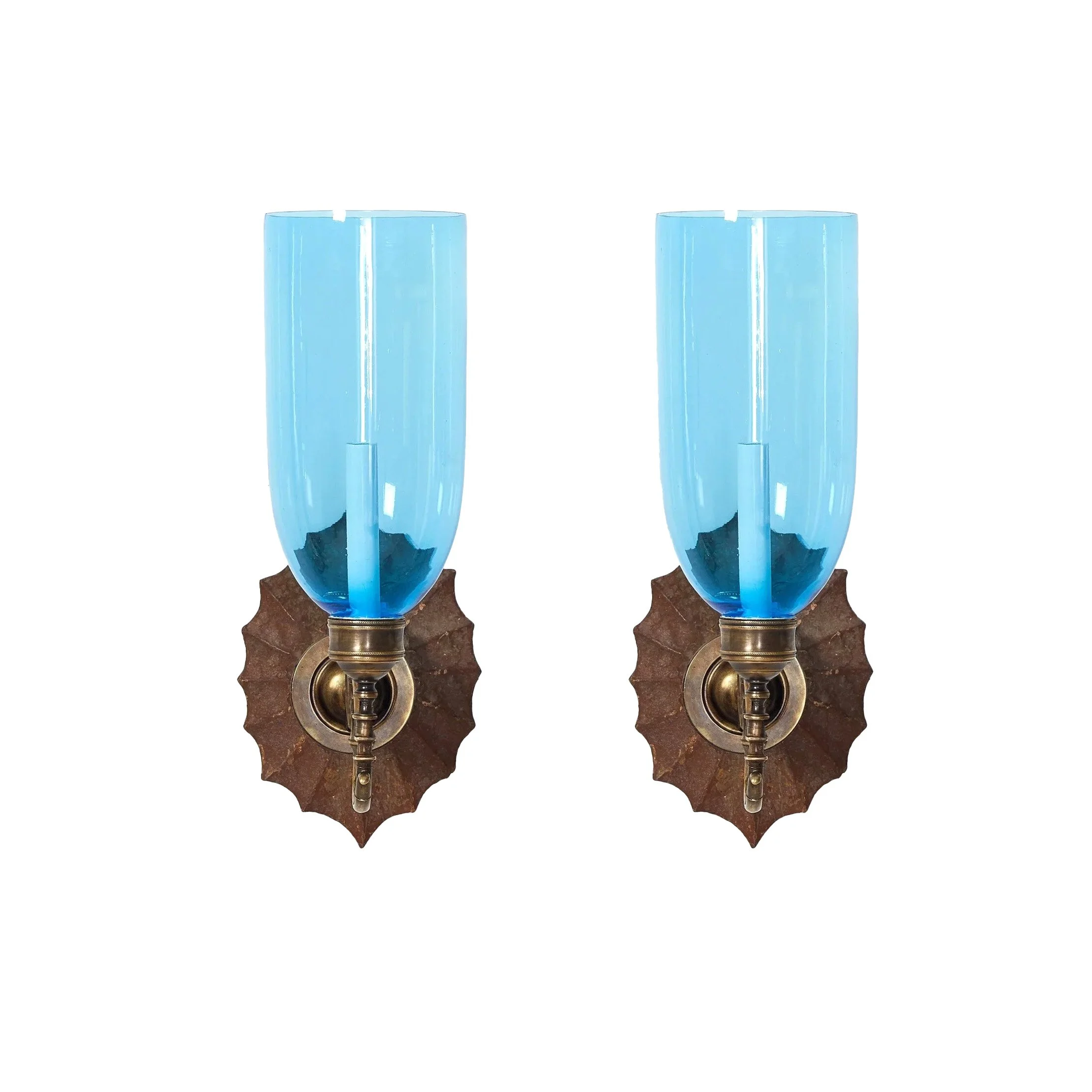 A Pair of Directoire Star Sconces with Blue Hurricane Shades