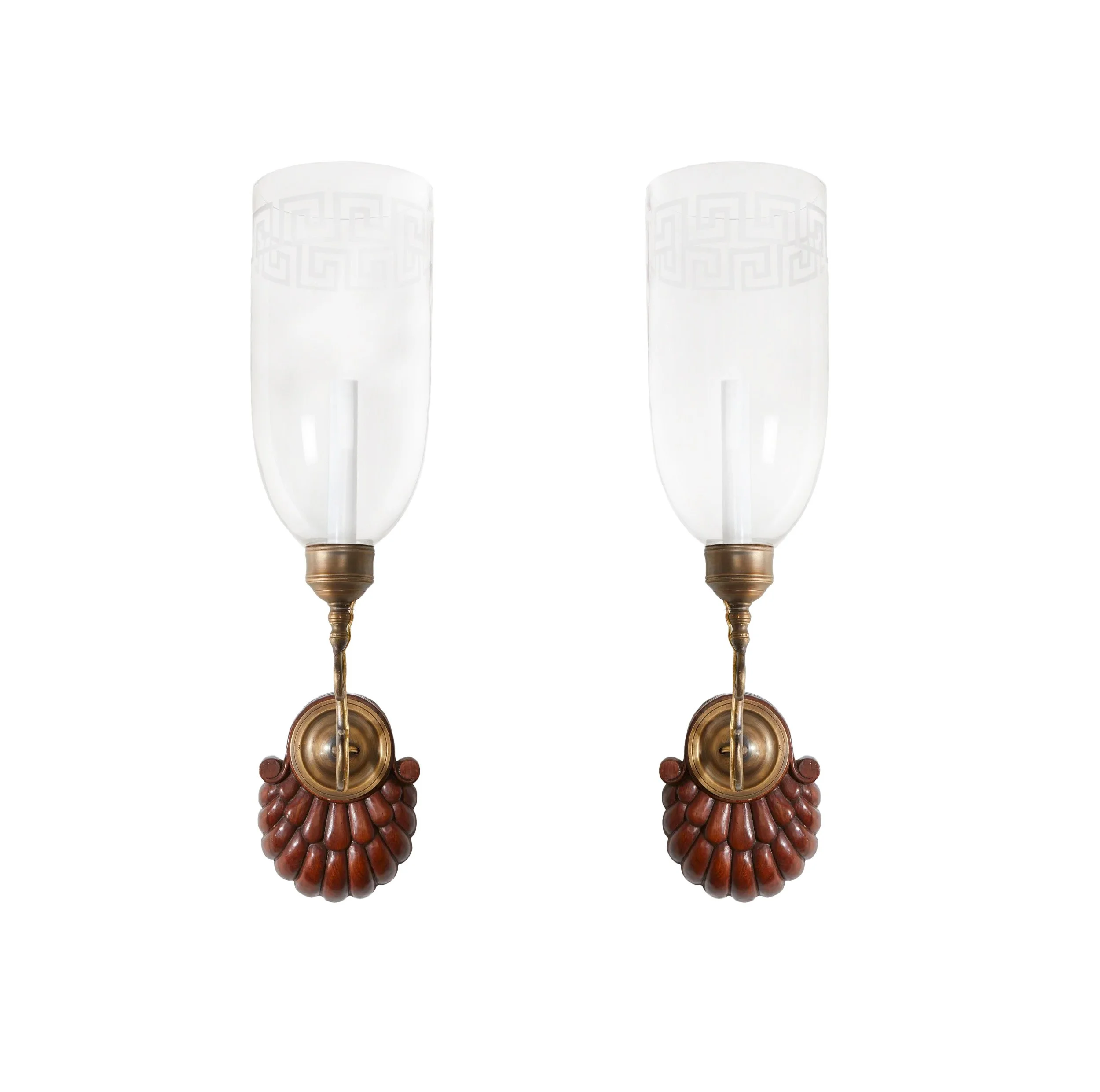 A Pair of Double Plume Sconces with Greek Fret Hurricane Shades