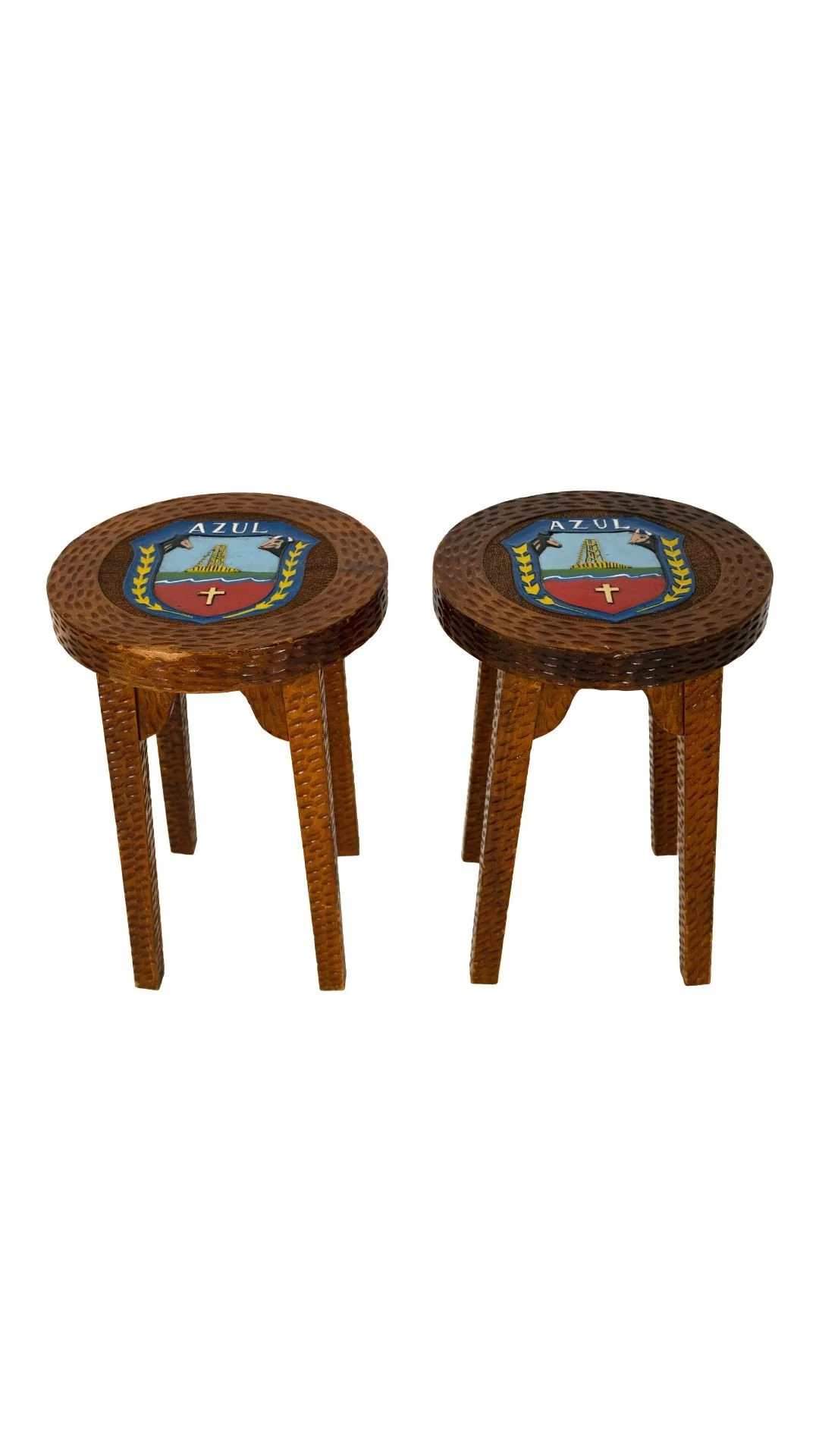 A Pair of Stools with the City Crest of Azul, Argentina
