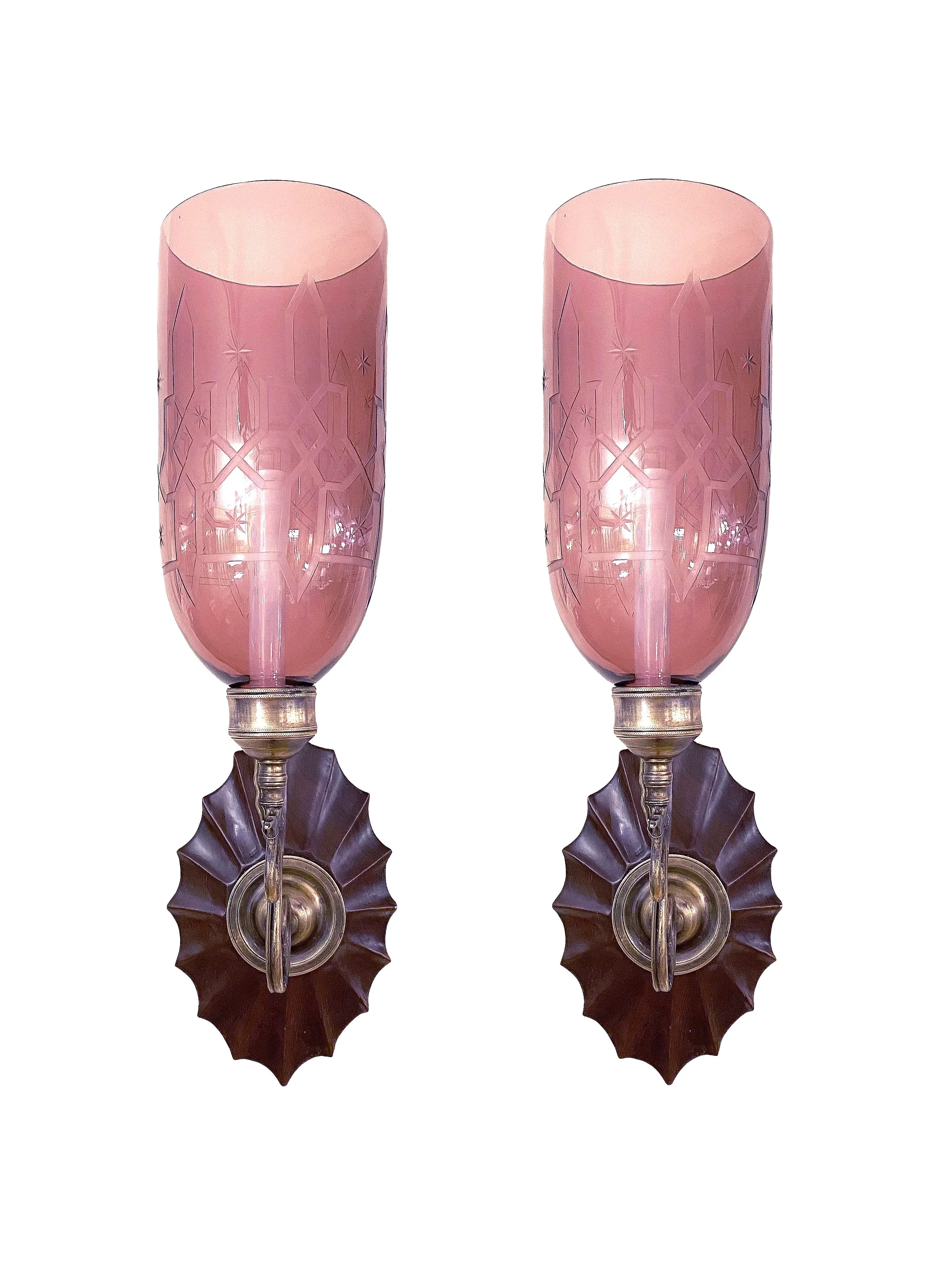 A Pair of Directoire Star Sconces with Aubergine Etched Shades
