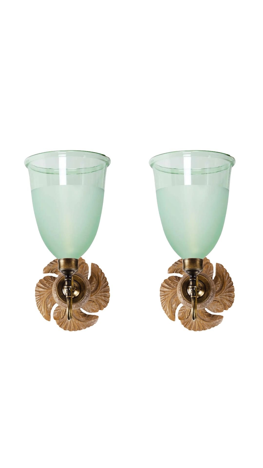 Pair of Spiral Sconces with Large Green Hurricane Shades
