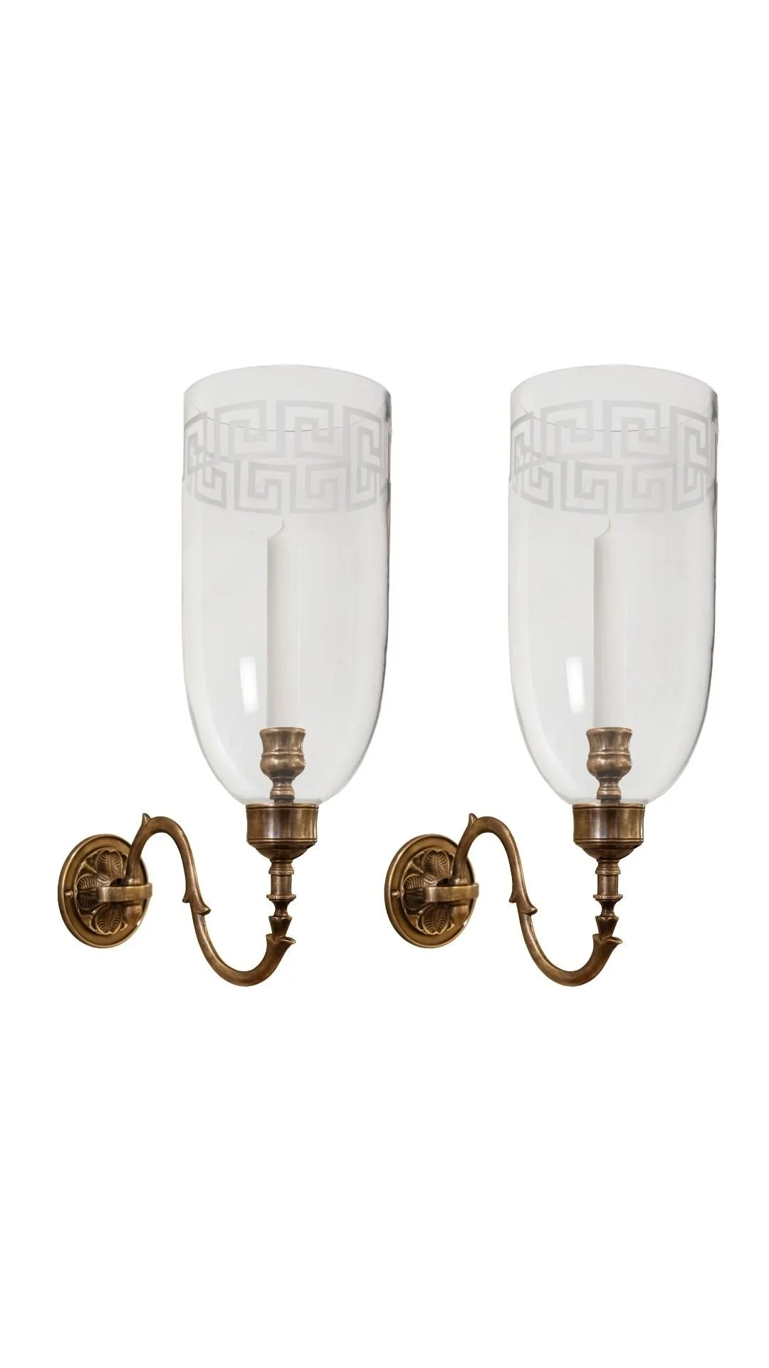 A Pair of Hurricane Sconces with Etched Greek Key Shades