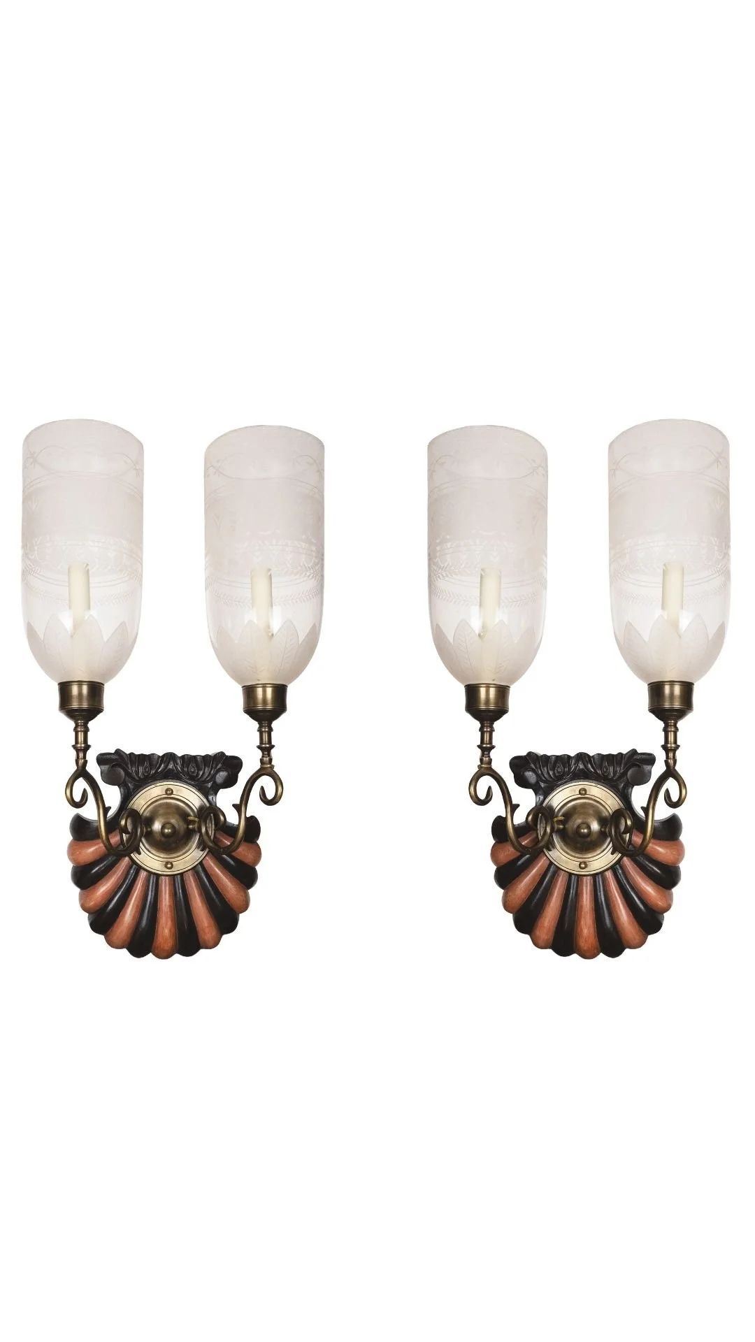 A Pair of Double-Armed Fanfare Sconces with Etched Shades