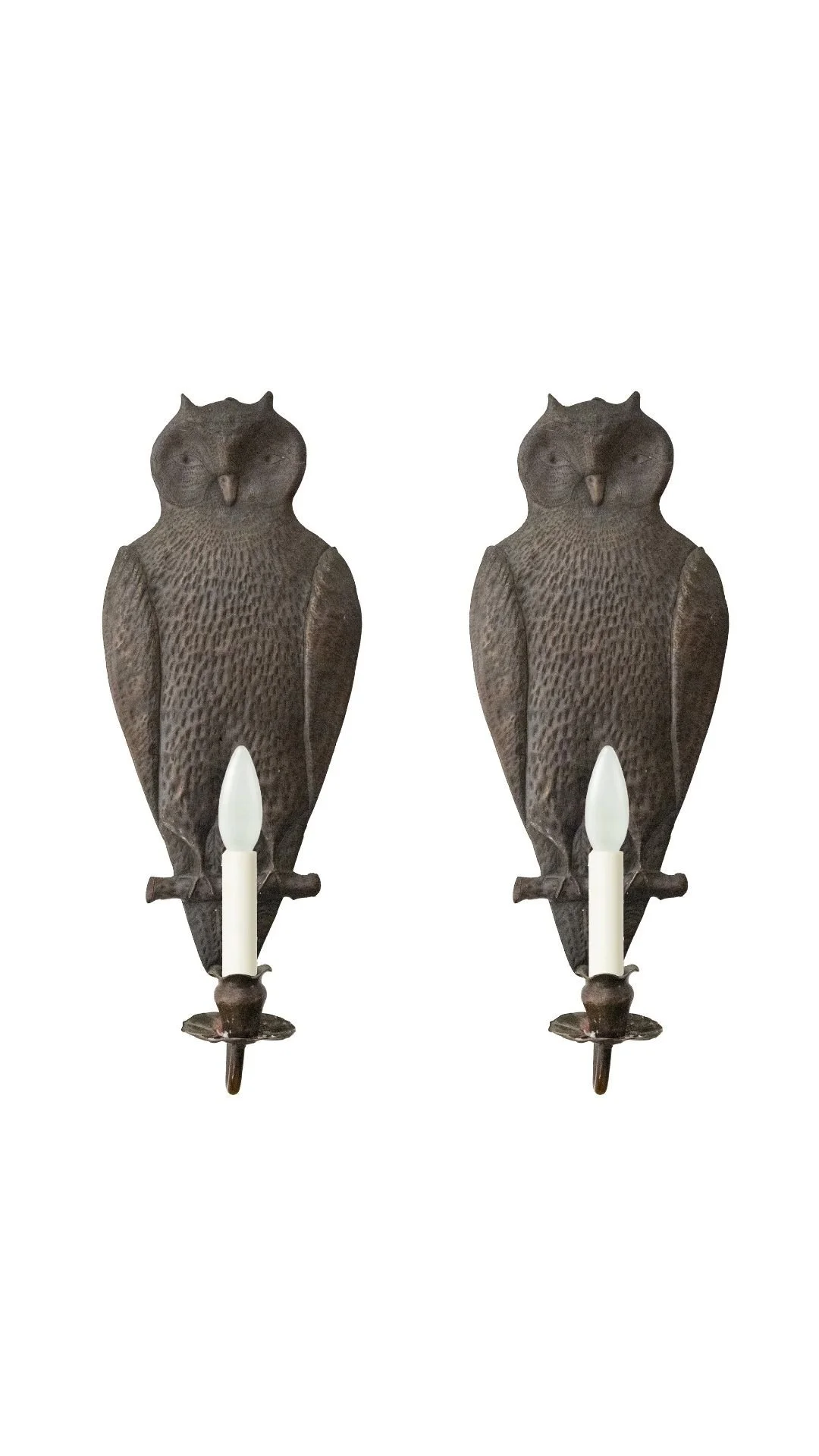 A Pair of Patinated Copper Owl Sconces