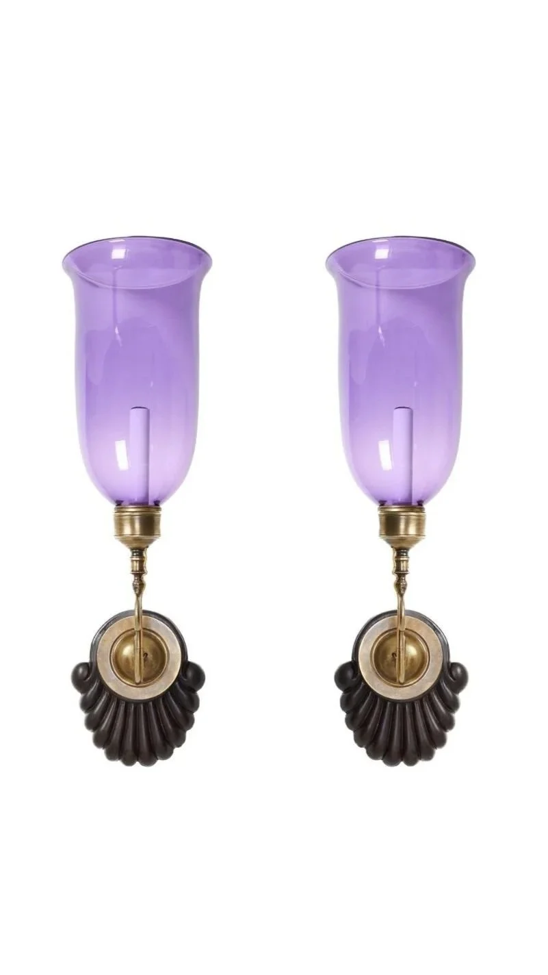 A Pair of Scallop Sconces with Flared Violet Hurricane Shades