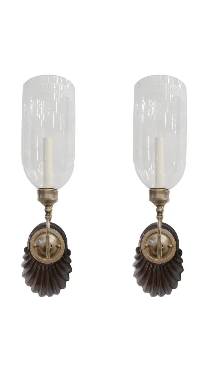 A Pair of Knife Pleat Sconces with Greek Key Etched Hurricane Sconces