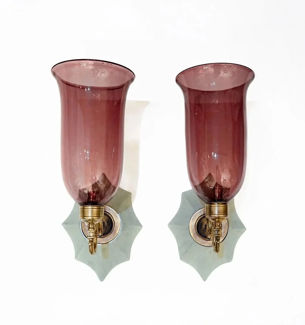 A Pair of Boissy Sconces with Flared Aubergine Hurricane Shades