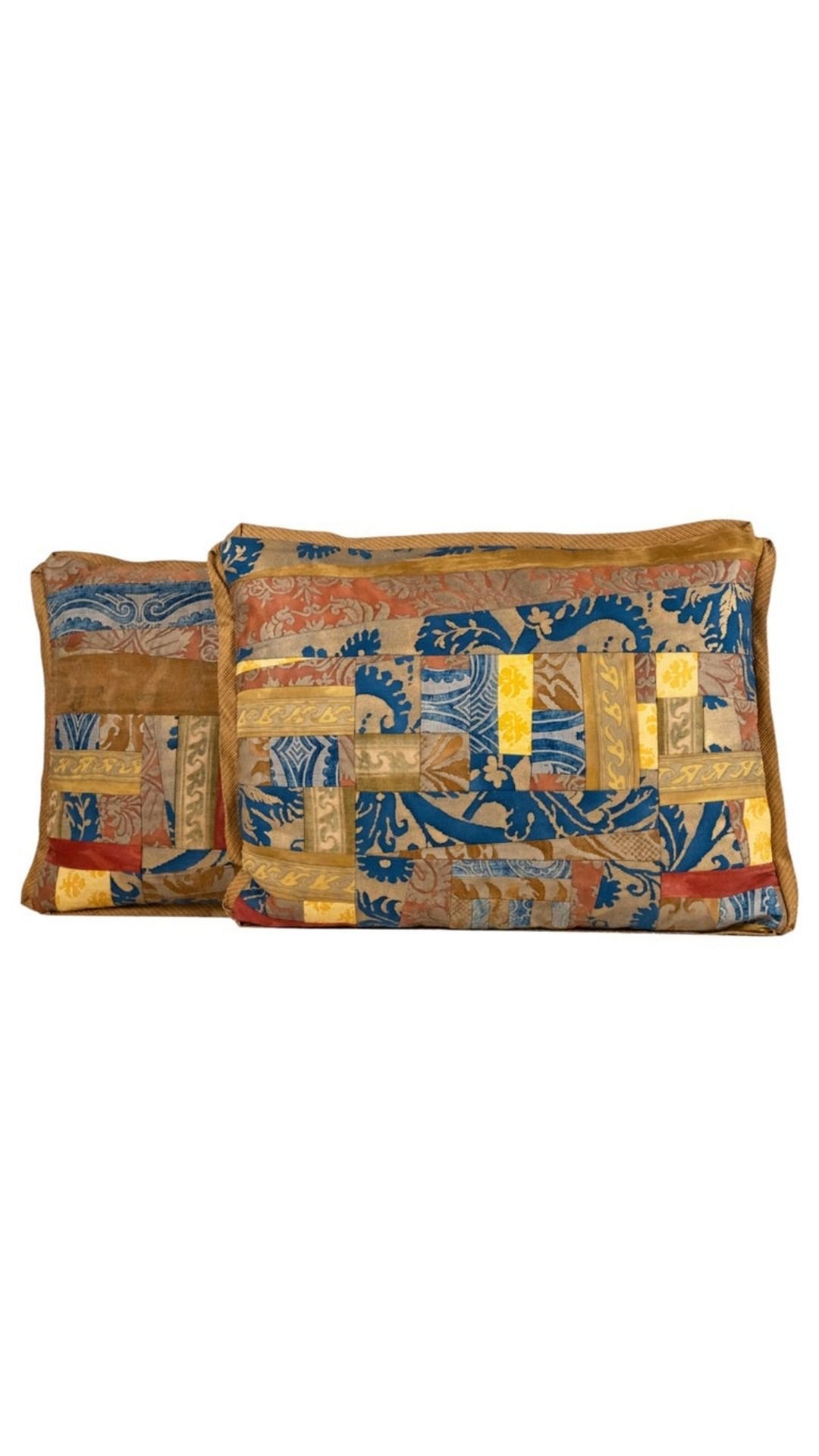 A Pair of Vintage Fortuny Fabric Patchwork Collage Cushions