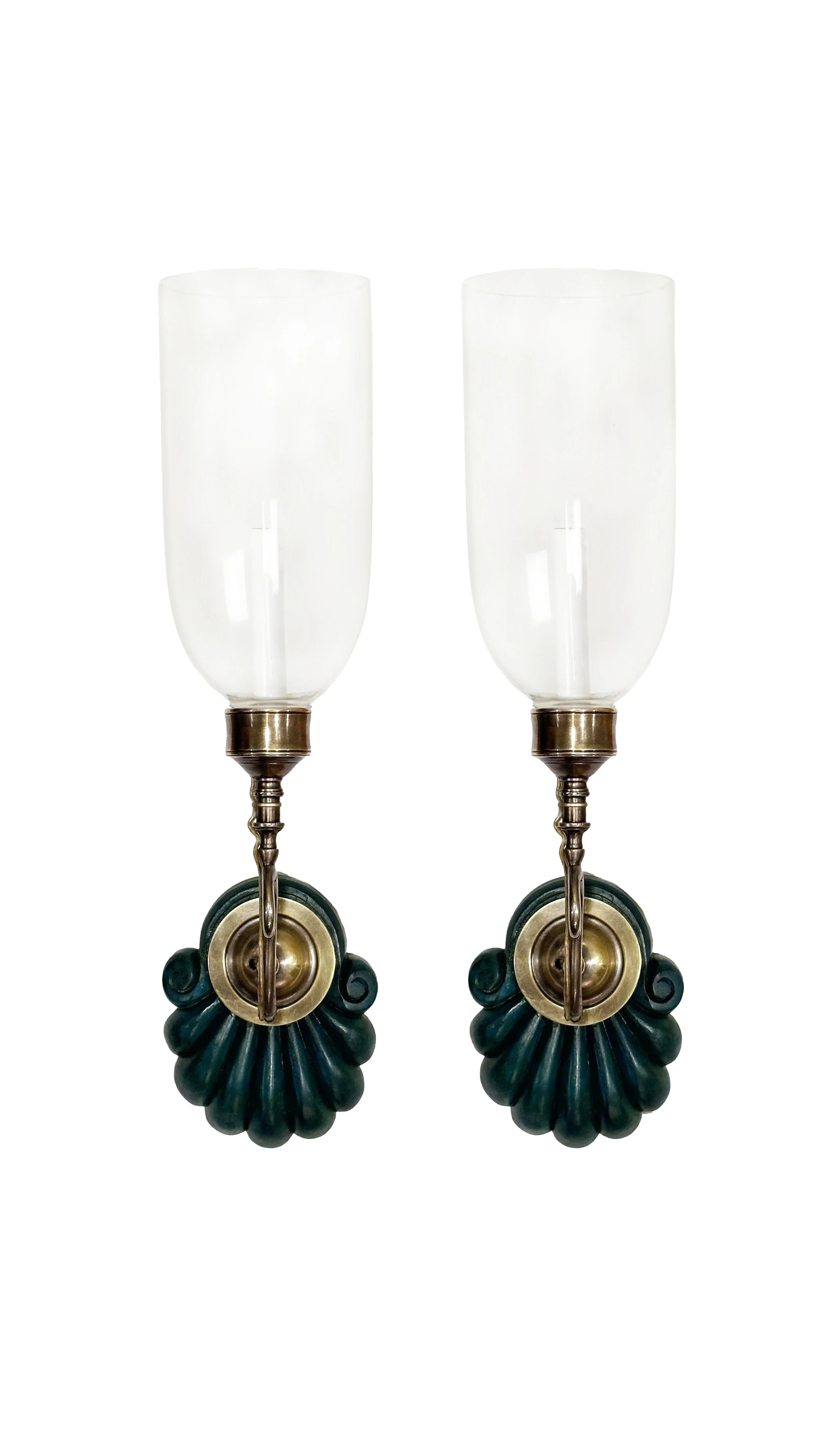 A Pair of Scallop Sconces with Clear Hurricane Shades