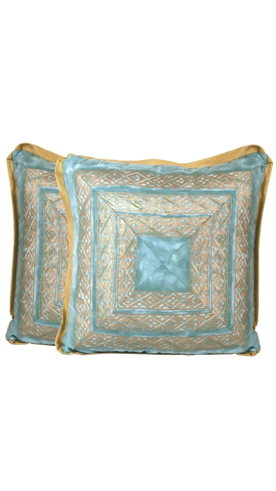 A Pair of Pieced and Mitered Fortuny Border Cushions