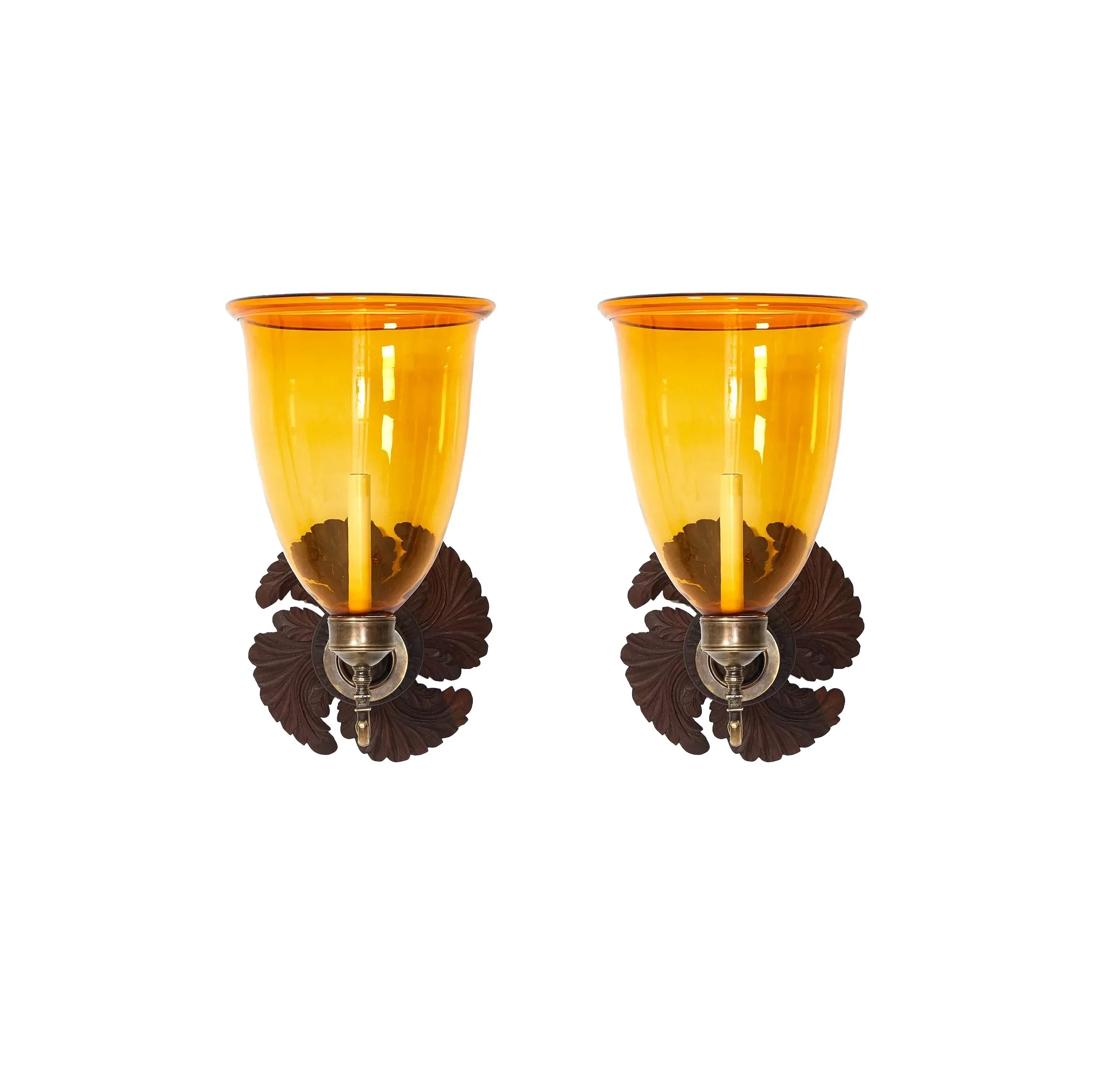 A Pair of Large Spiral Sconces with Amber Hurricane Shades