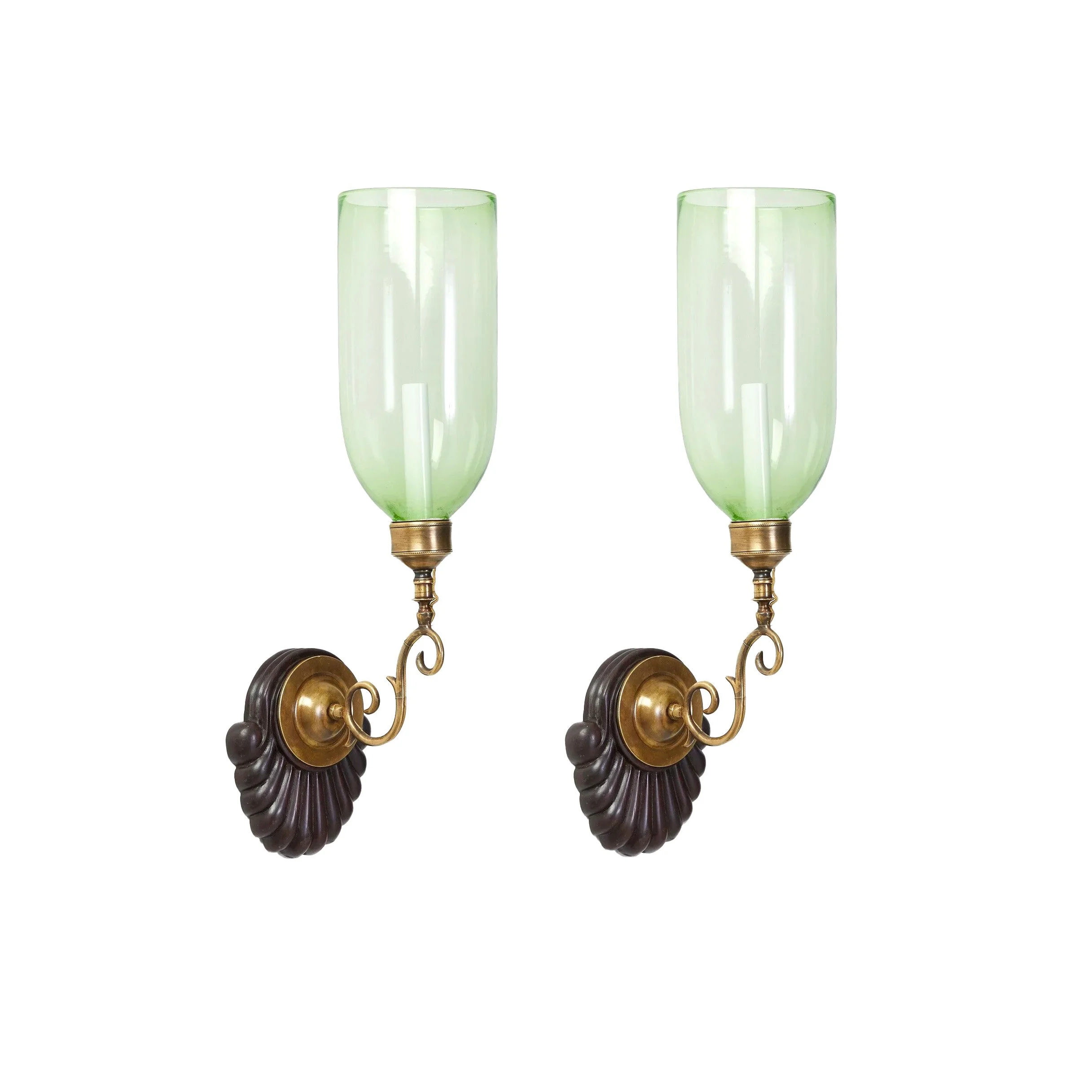 A Pair of Scallop Sconces with Light Green Hurricane Shades