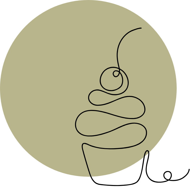 A minimalist line drawing of a cupcake, set against a circular, olive-green background.