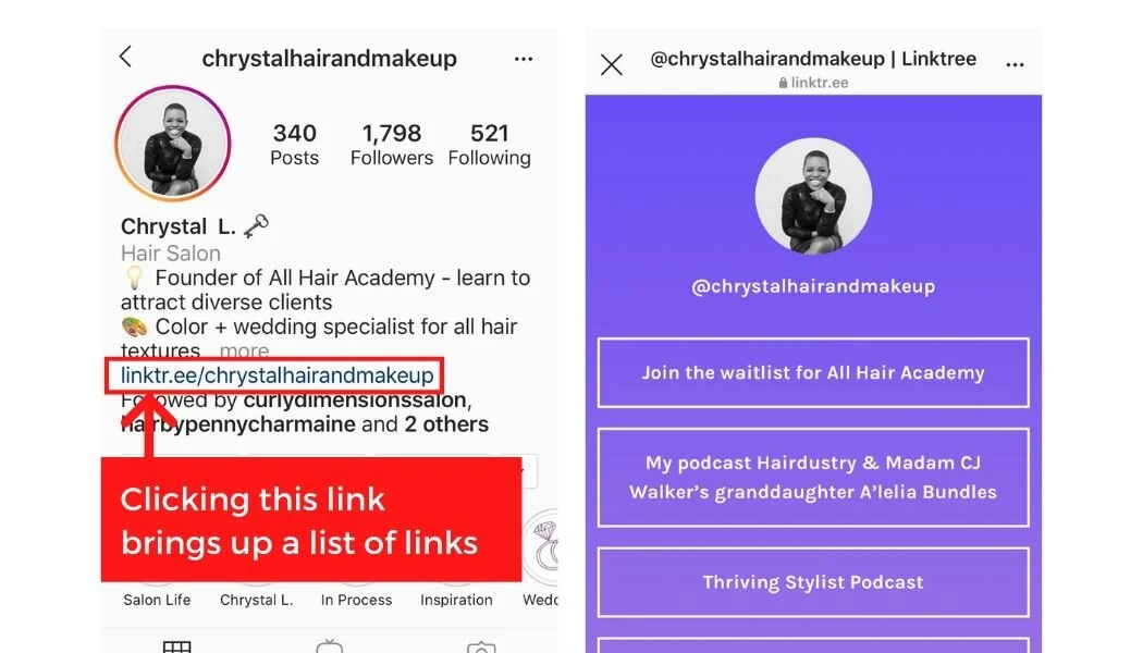 Clicking the Linktree link (left) opens the Linktree page (right) that contains multiple links