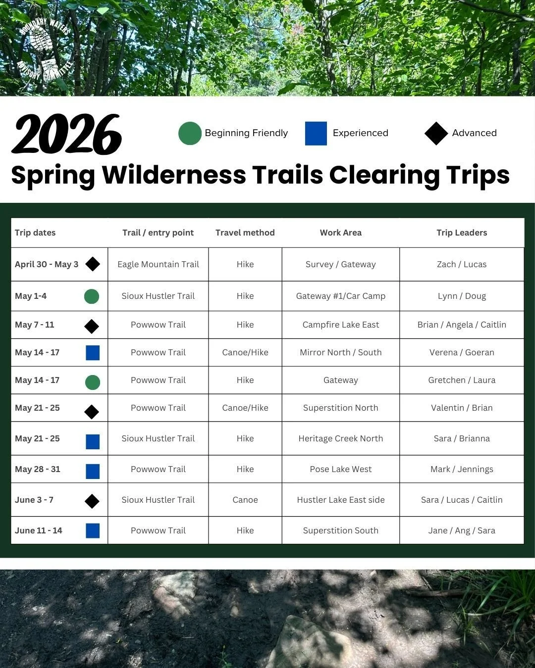 Spring trips are live!

Our spring volunteer trips are officially posted on Meetup &mdash; and we&rsquo;d love to have you join us!

Would you like to volunteer in the Boundary Waters? Help clear trails and keep backpacking and hiking routes accessib