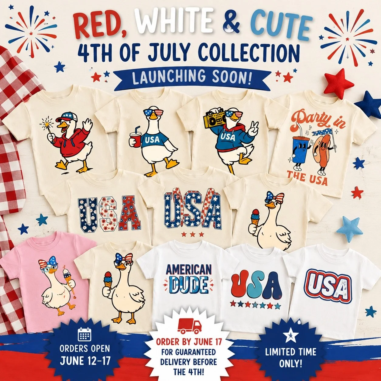 🇺🇸✨ 4TH OF JULY COLLECTION ✨🇺🇸

The red, white, and cute styles you&rsquo;ve been waiting for are officially launching! ❤️🤍💙

Shop the launch tomorrow 🇺🇸
Orders Open: June 12&ndash;17 

Don&rsquo;t wait&mdash;once the order window closes, thi