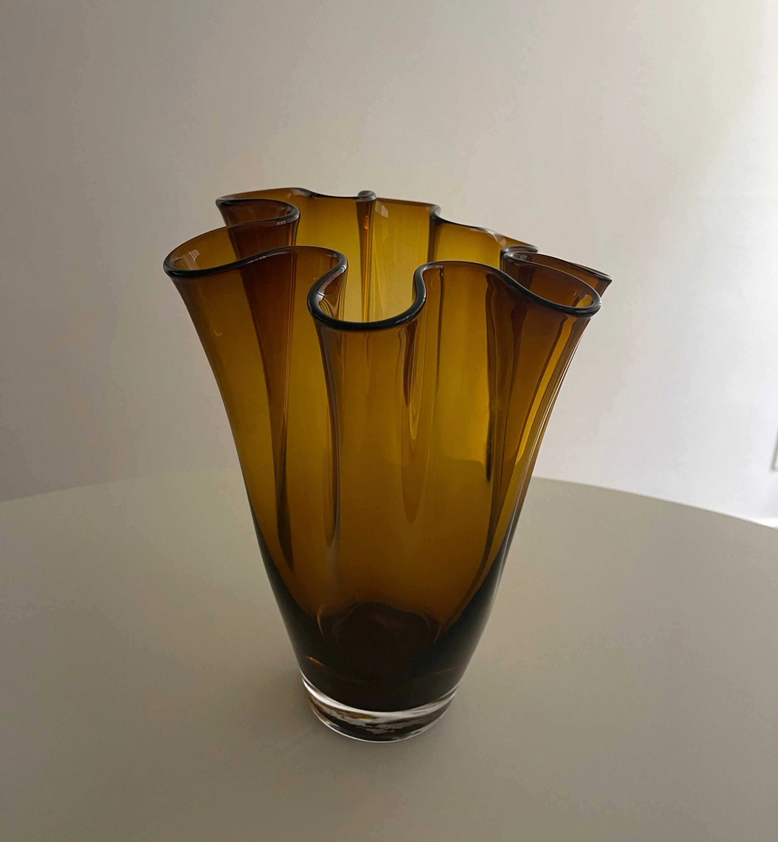 Vintage Hand Blown Glass Brown Amber Wavy Vase