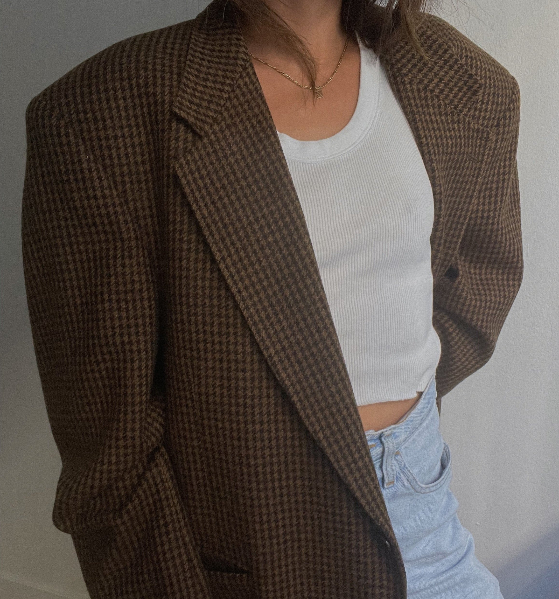 Vintage Brown Wool Houndstooth Boyfriend Blazer