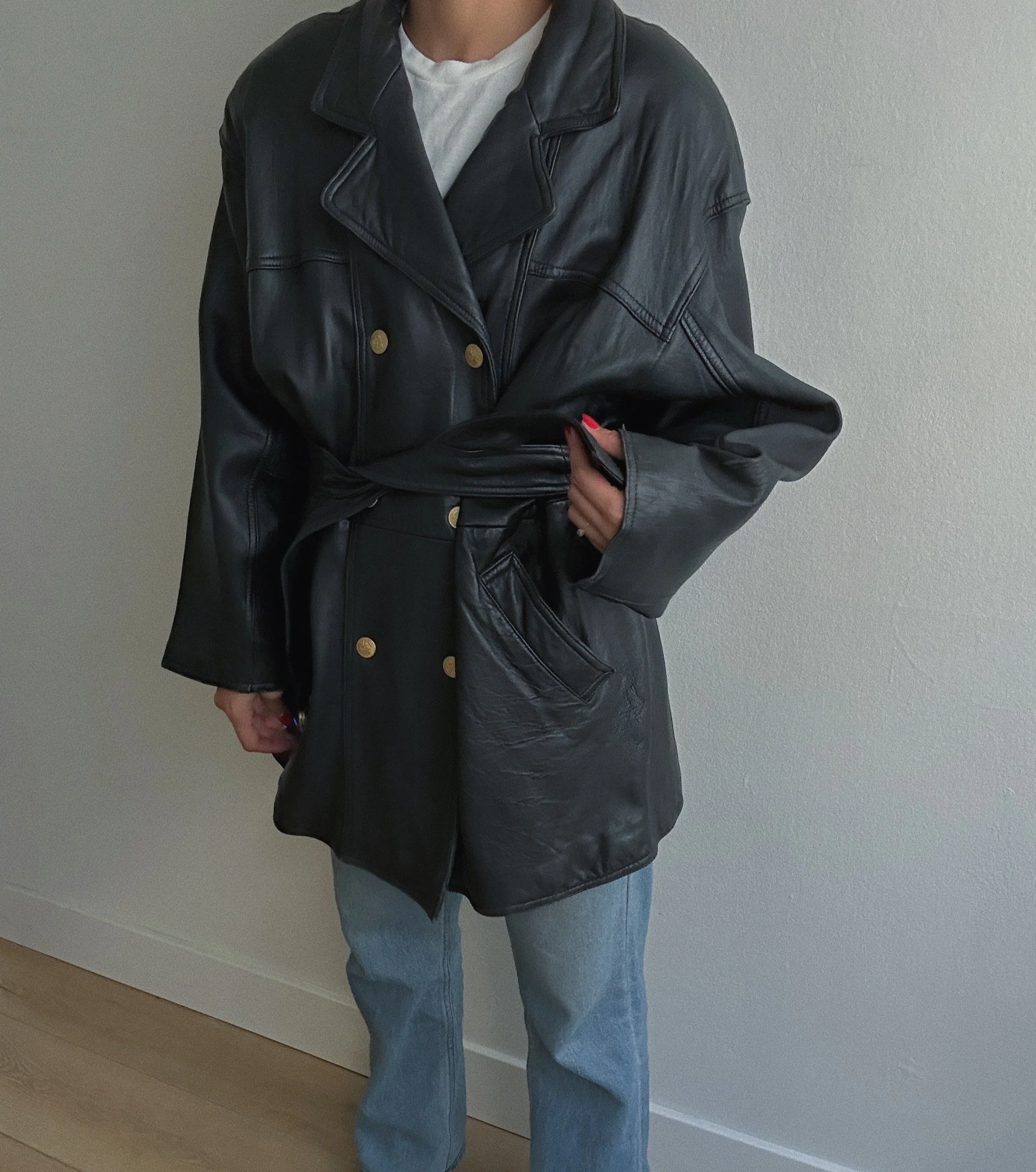Vintage Leather Trench w/ Gold Buttons