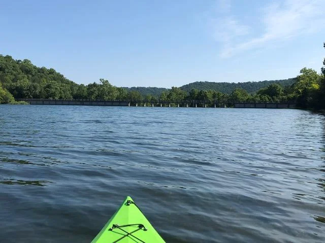 The Leatherwood Dam in the distance. The Beacham and Fuller trails converge at the walkway over the dam.
