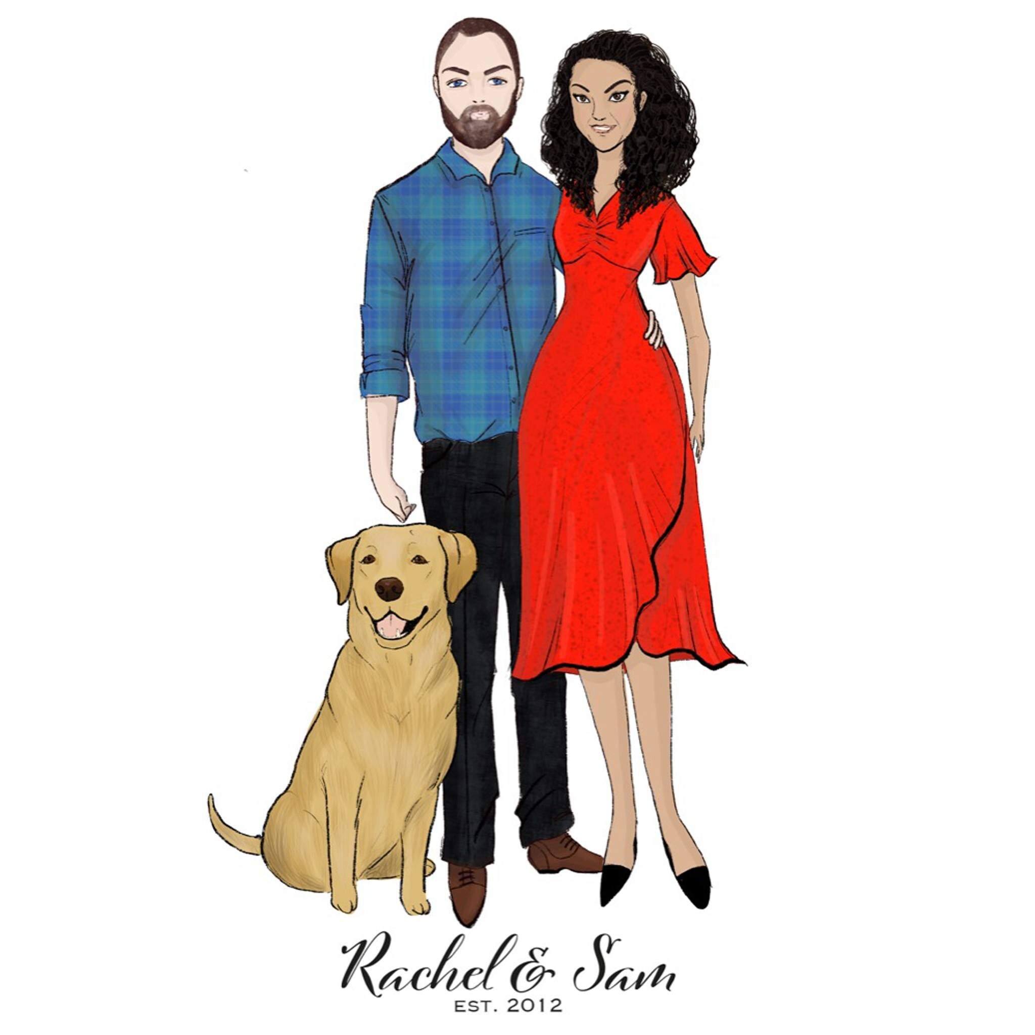 An illustration I did of a couple as a wedding gift a while back. The client had a variety of photos on hand and I took elements from them to create this combined portrait of the lovely couple and of course, their doggo. 

#weddinggift #weddingillust