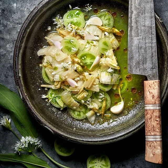 White kimchi, thinly sliced green tomatoes, pickled ramsons buds, scallions, grated tomatoes and roasted sesame oil. Great companion to any grilled veg!