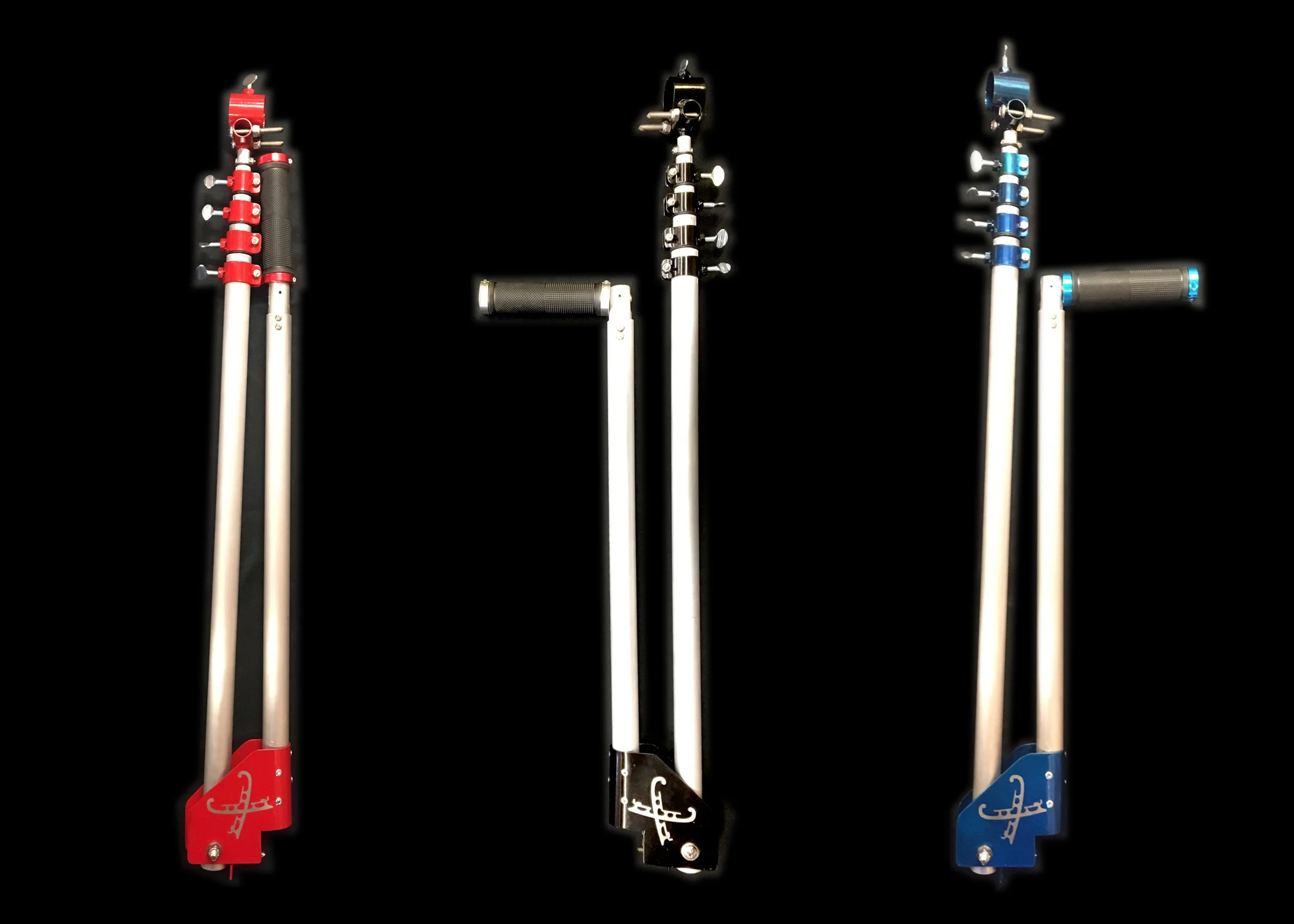 Custom figure skating scribes shown in red, black, and blue powder coat options