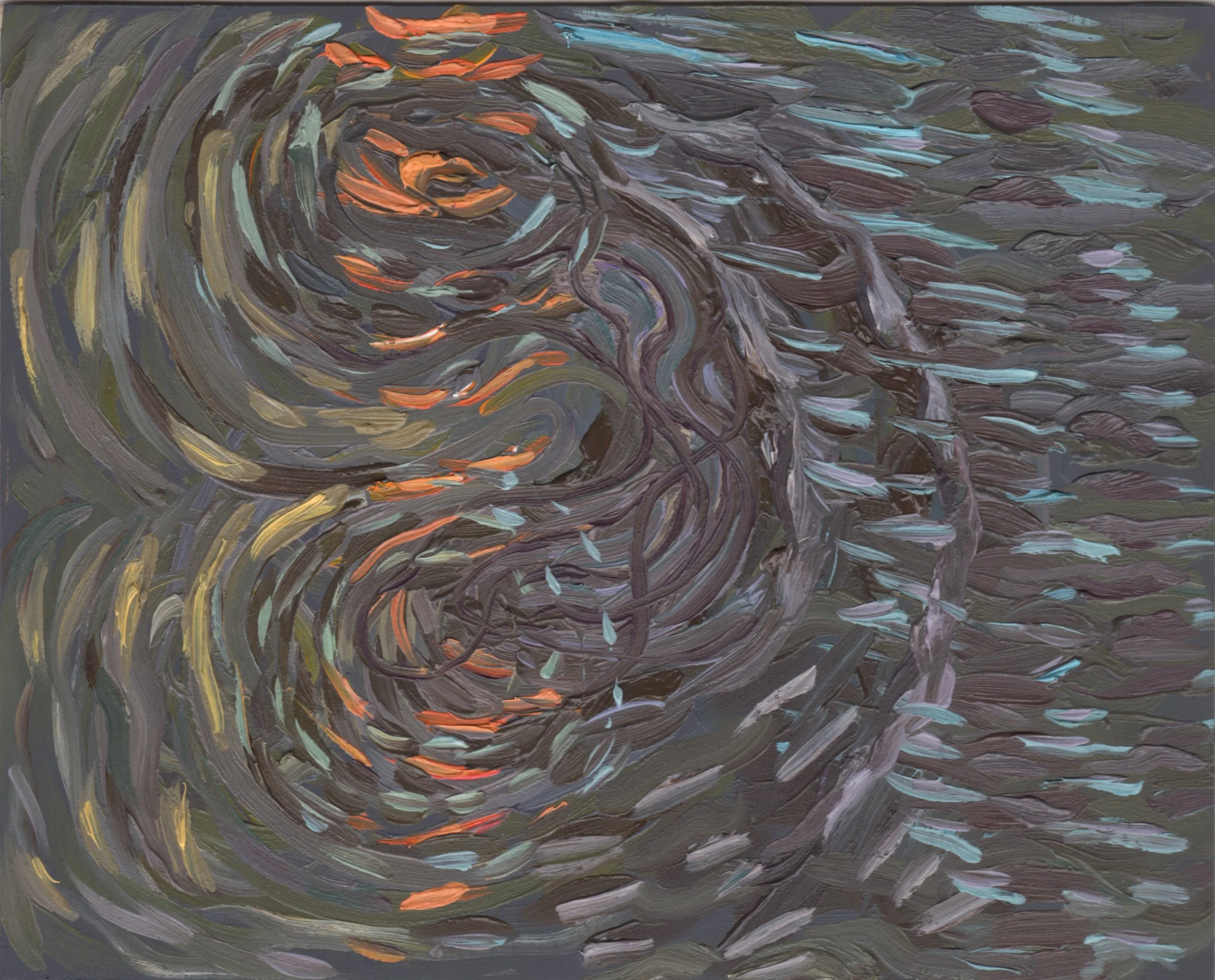 July 18 2016, NE Corner of Confluence (off St. Patrick's Island), oil on birch panel, 8" x 10" .