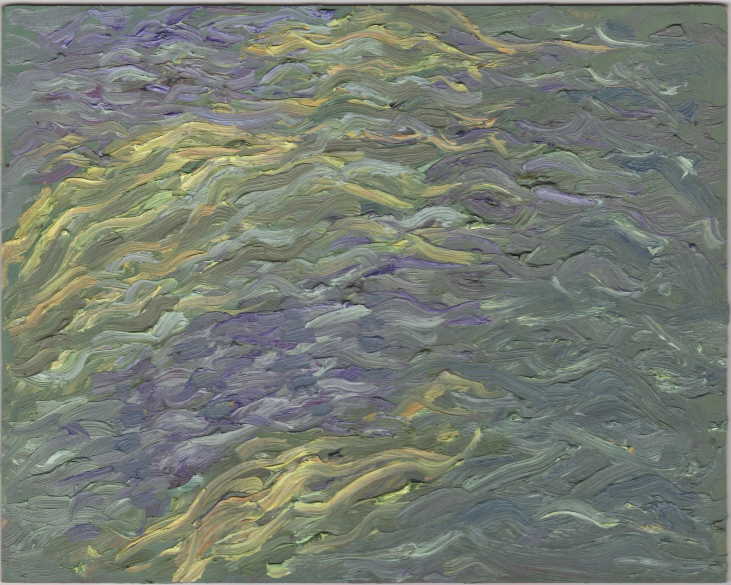June 3 2016, 1 block east of 12 St. bridge, north side of river, oil on birch panel, 8" x 10"