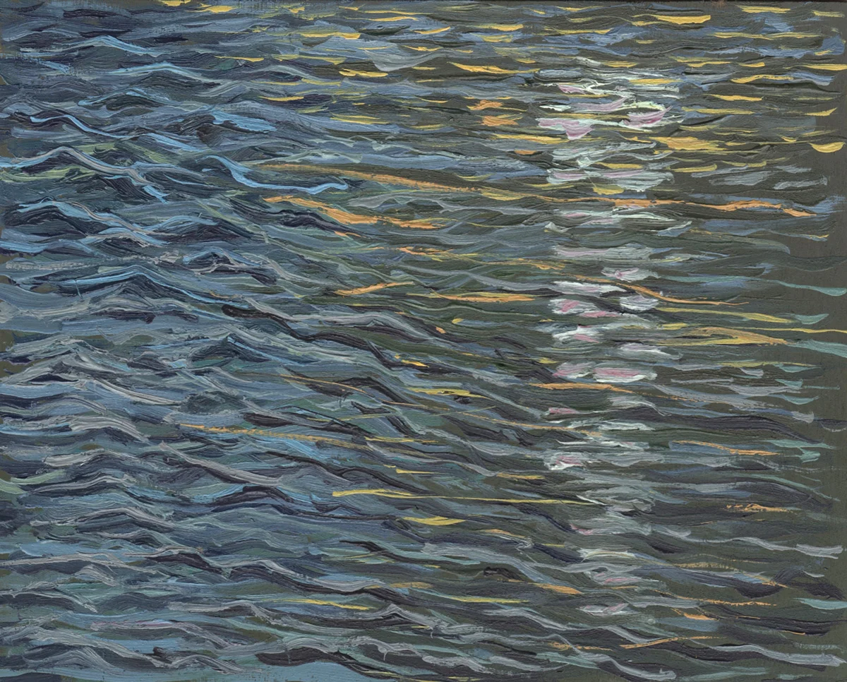 August 30 2016 SW Corner of Confluence Fisherman in White, Oil on birch panel, 8" x 10"