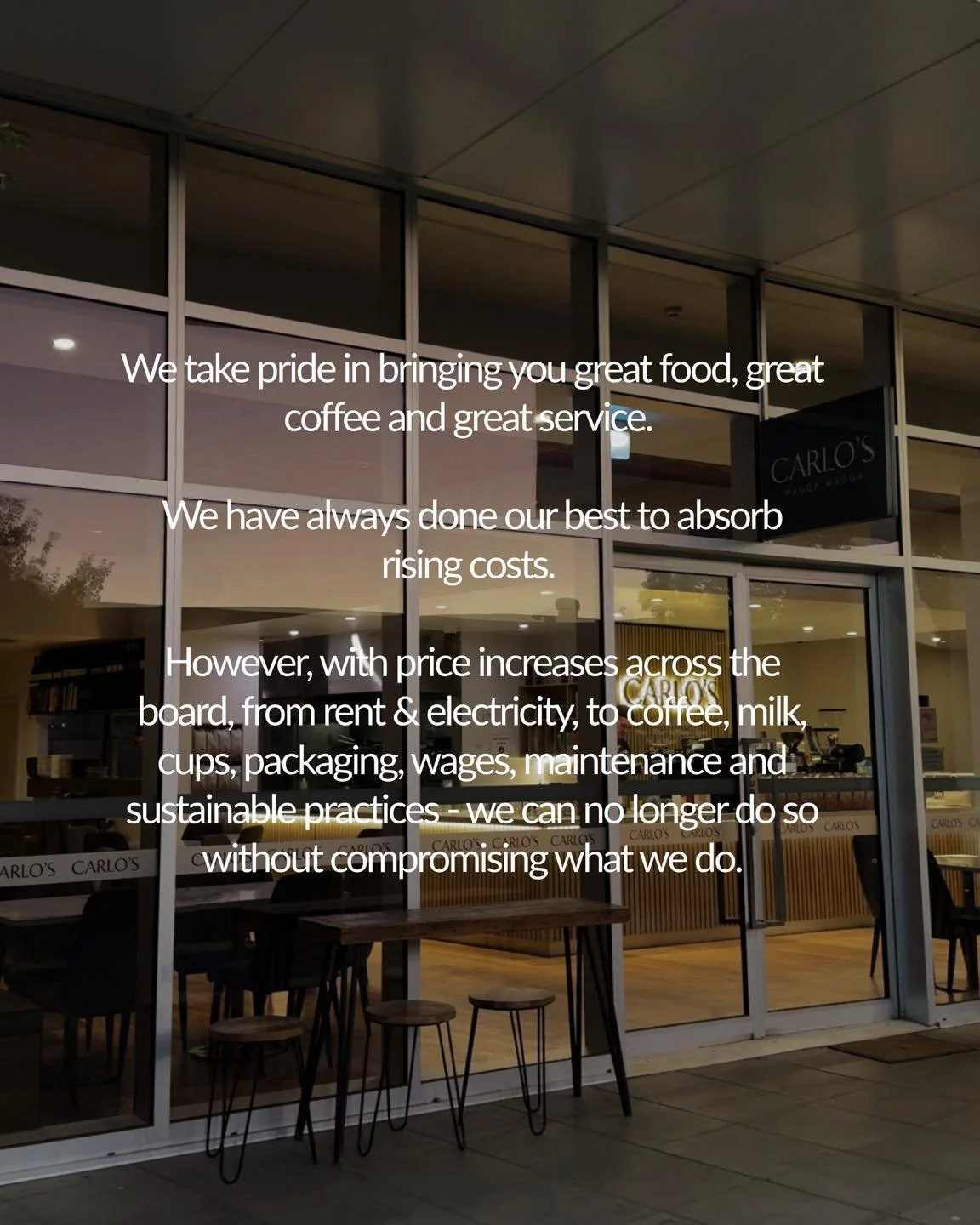 Like many small businesses, we&rsquo;ve been doing our best to absorb rising costs, but in order to keep serving the quality coffee you love, we have to make a small price adjustment.

Thank you for sticking with us, supporting local and letting us b