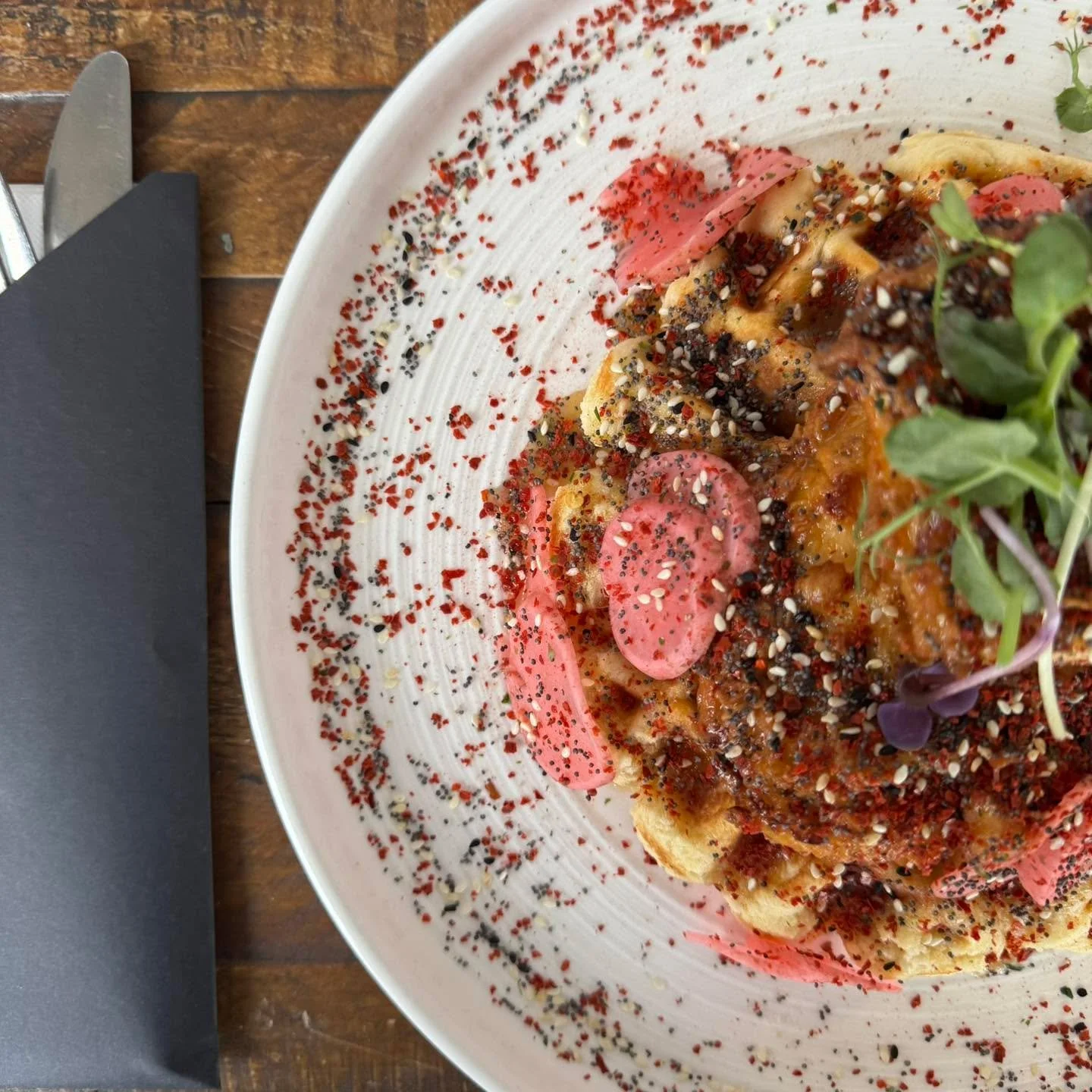 Something special landed on our new menu.

Our head chef's latest creation brings together crispy Korean fried chicken and soft buttermilk waffles&mdash;finished with maple butter, a sprinkle of furikake, the heat of gochugaru, and our signature pick