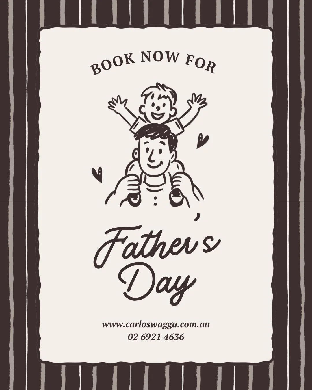 Have you made plans for Father&rsquo;s Day?

Book now to secure your spot on Sunday!

https://bookings.obeeapp.com/carloswagga