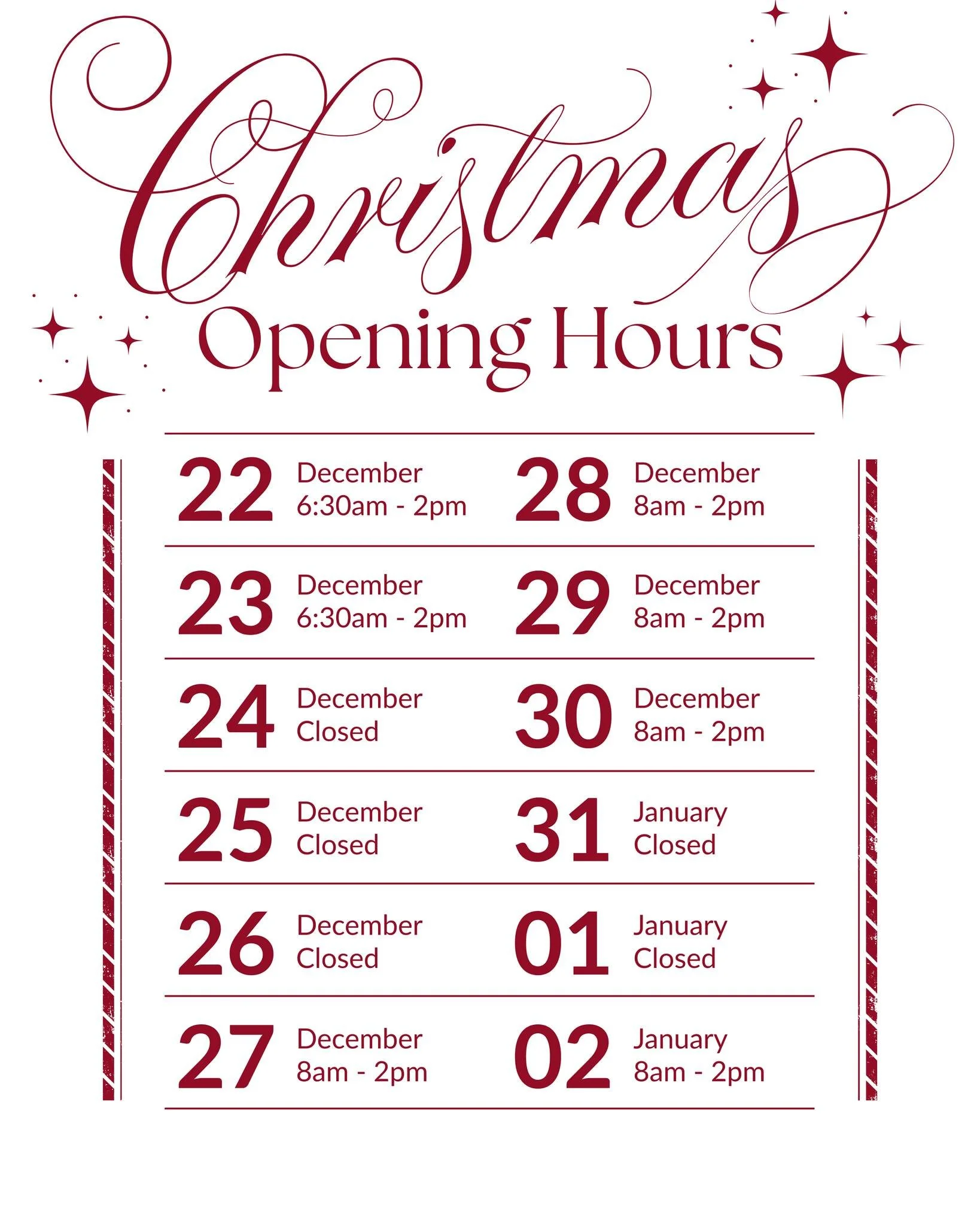 As we head into Christmas, we would like to extend a huge thank you to everyone who has supported us this year. 

Here are our festive trading hours &mdash; wishing you all a joyful and safe holiday season - from the Carlo's Team 🎅