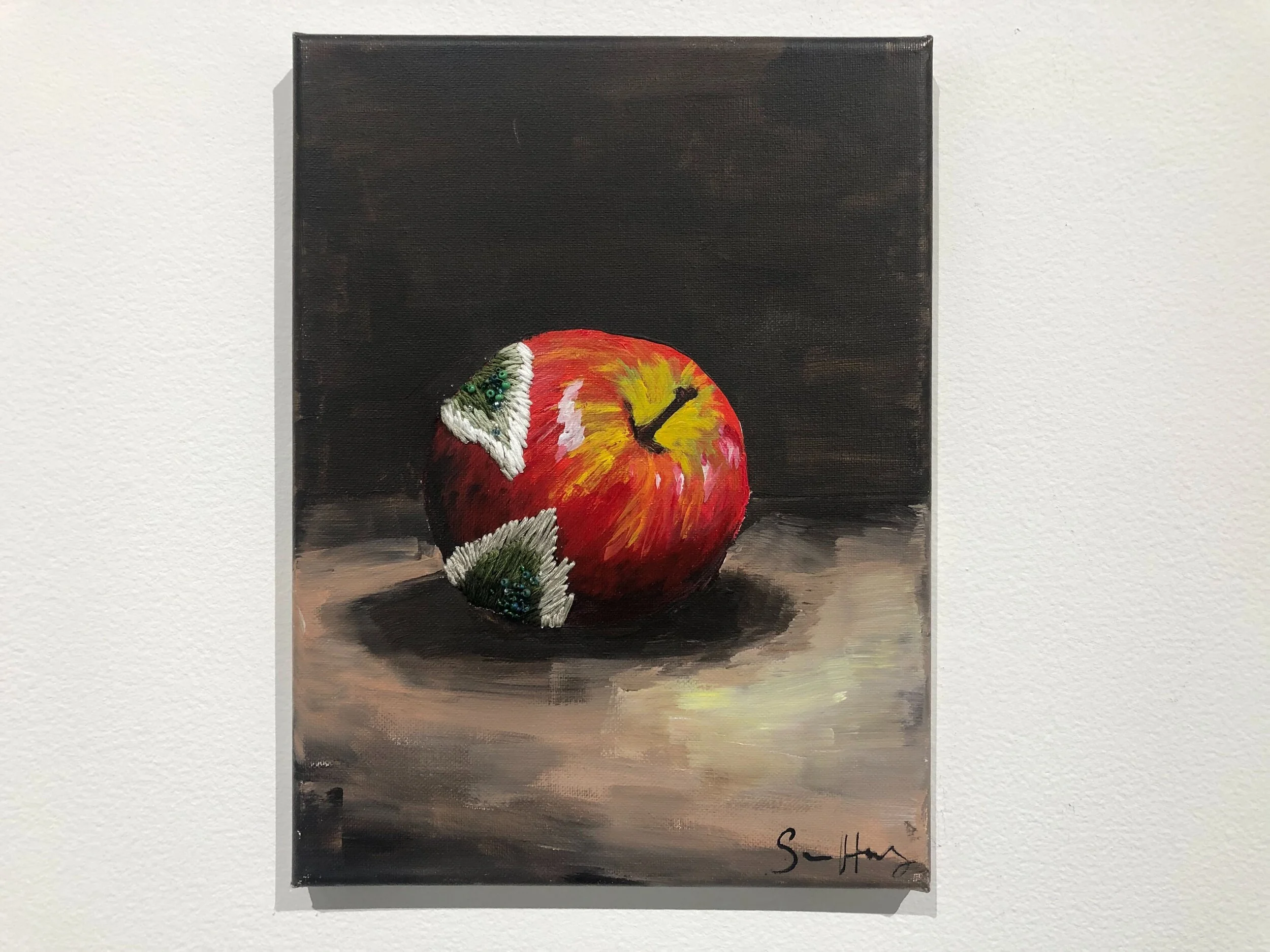 Plump, acrylic, embroidery & beading on canvas, 9 x 12 inches, courtesy of the artist.