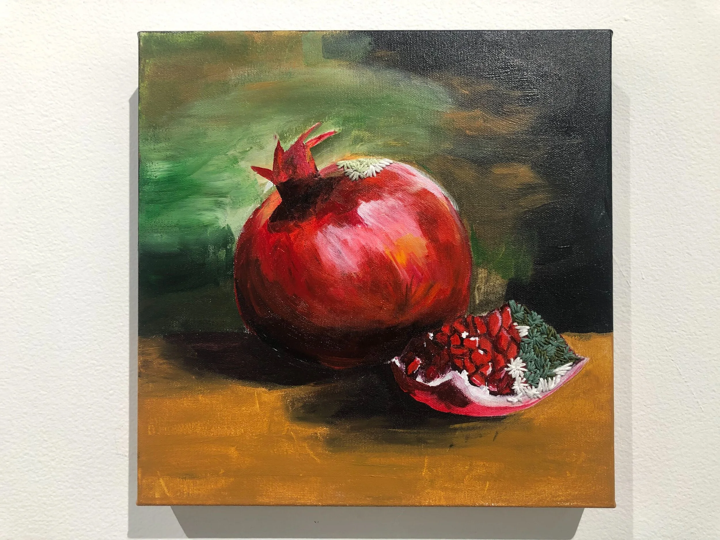 Wet, acrylic, embroidery on canvas, 12 x 12 inches, courtesy of the artist.