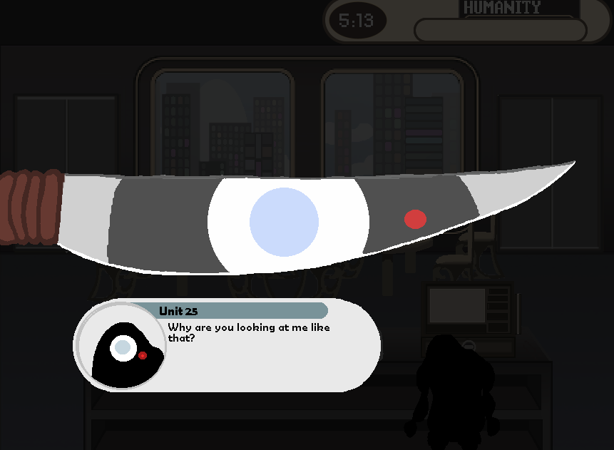 Internal monologue shown by Unit 25 taking out its knife and looking/speaking to its reflection before the next dinner rush.
