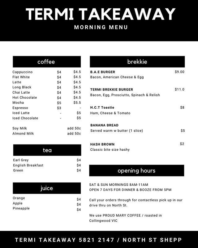 TERMI TAKEAWAY // open tomorrow morning 8-11am for brekkie &amp; coffee 🖤