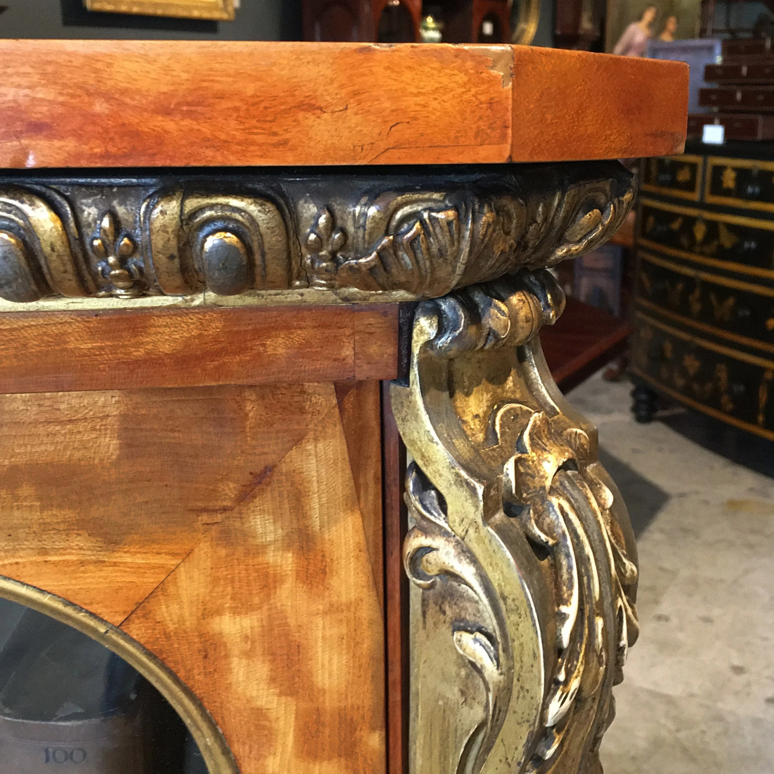 antique english glazed satinwood cabinet with original gilding