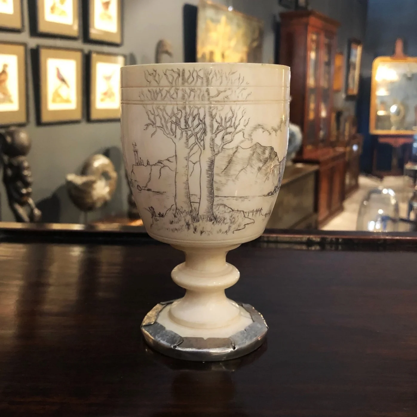 antique scrimshaw decorated ivory goblet