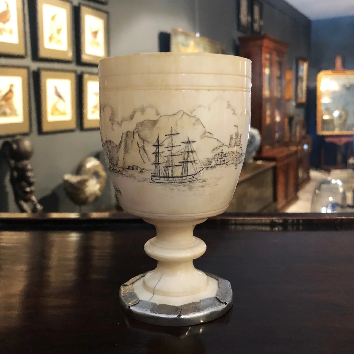 antique scrimshaw decorated ivory goblet