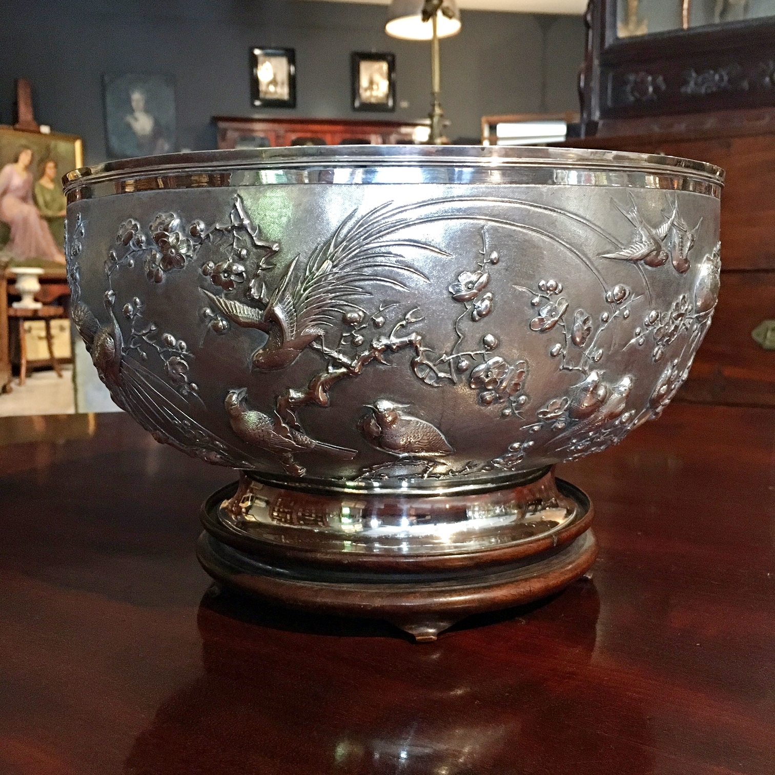 large museum quality chinese export silver bowl by wo shing, shanghai